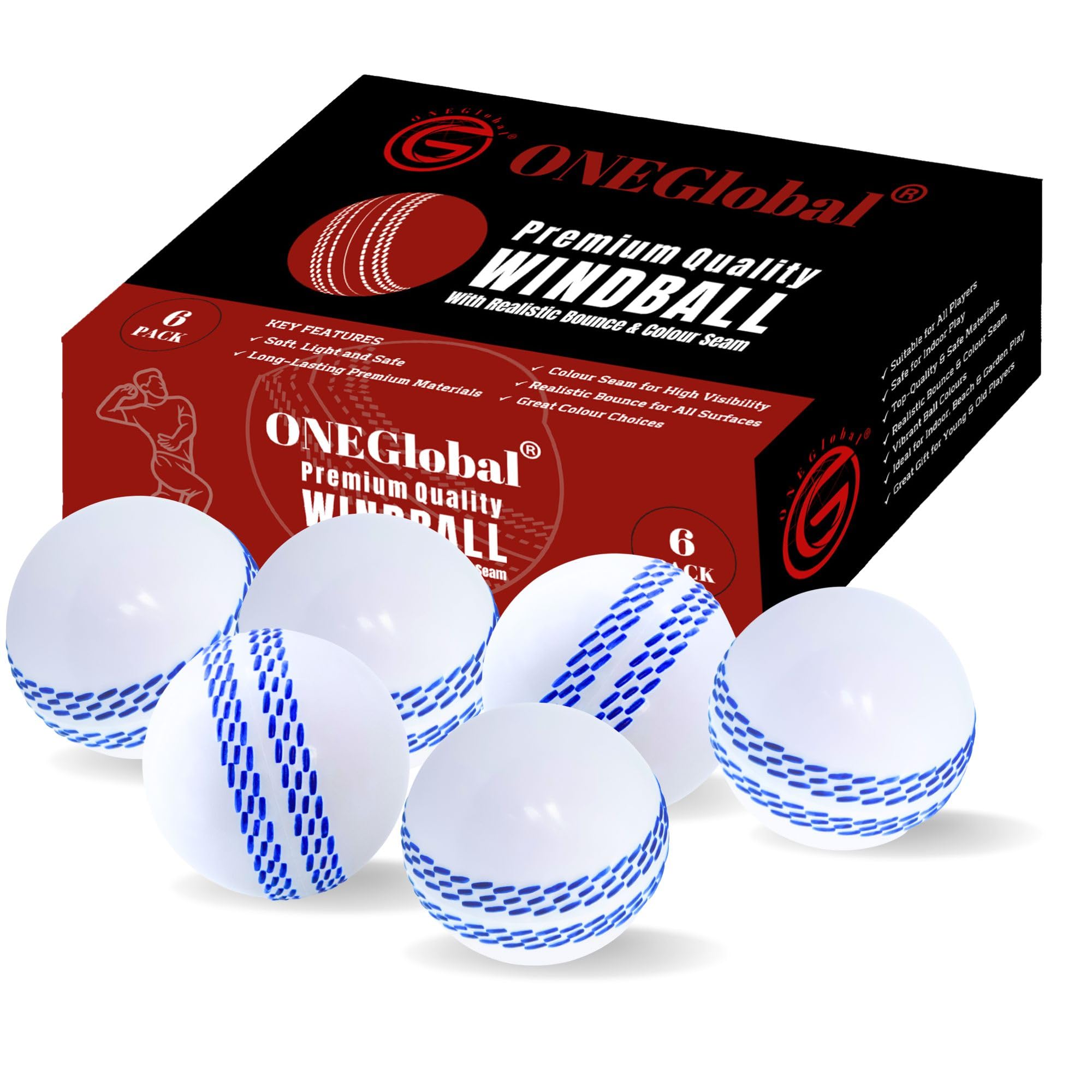 ONEGlobal Premium Windball Soft Cricket Ball | Durable, Colour Seam, Realistic Bounce & Swing | Wind Ball Cricket Ball for Indoor & Outdoor Coaching, Practice, Garden & Beach (6Pack - WHITE)