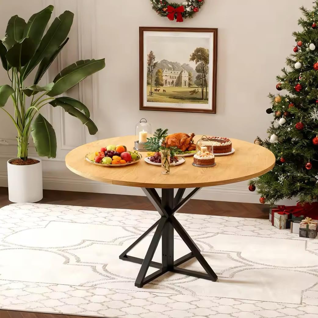120cm Table Ronde Salle Manger, Table Ronde Bois pour 4 à 6 Personnes avec Piètement Stable à Croisillons, Plateau de 2,54 cm d'épaisseur, Capacité 90 kg,avec Patins Antidérapants