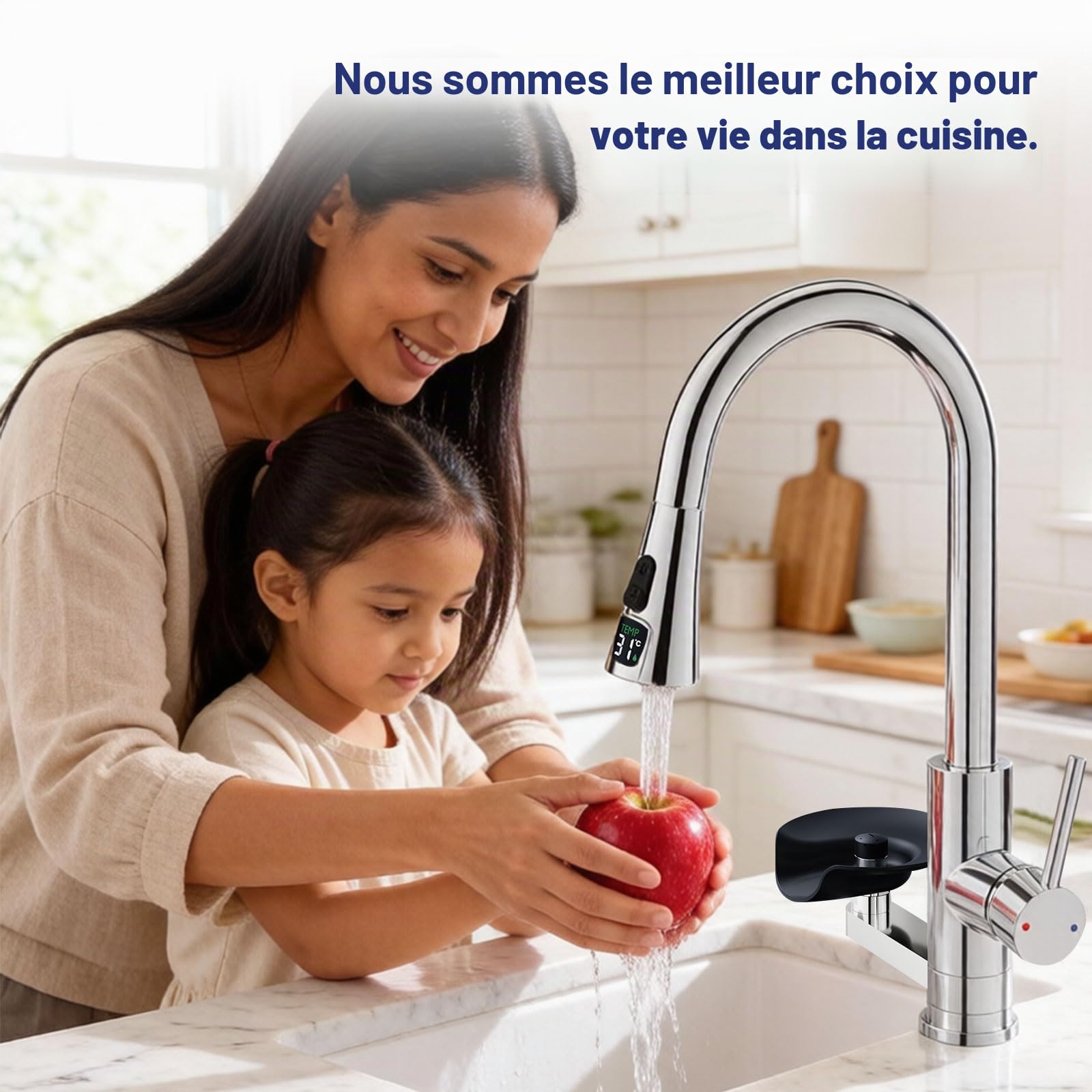 Robinet de Cuisine avec Lave-Verres, Mitigeur Cuisine Douchette Extensible 3 Modes, Affichage LED de la température de l'eau, 360°, Rotatif Acier Inoxydable 304 Brossé, Robinet Évier Multifonction