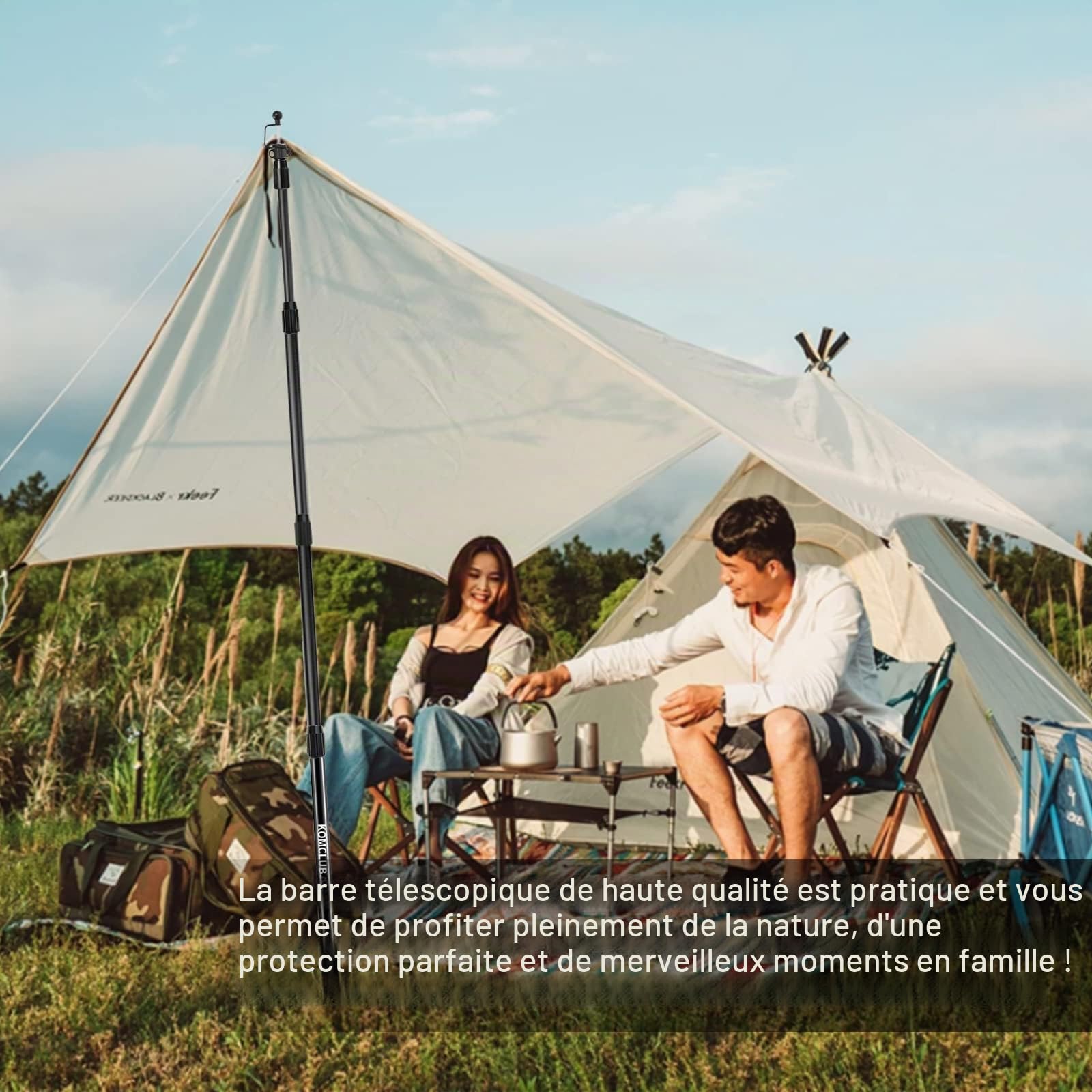 KOMCLUB Lot de 2 Barres de Tente télescopiques, en Fibre de Verre, de 85 à 250 cm, réglables, Ultra légères, pour Voile d'ombrage, tentes, bâche de Camping (2 pièces)