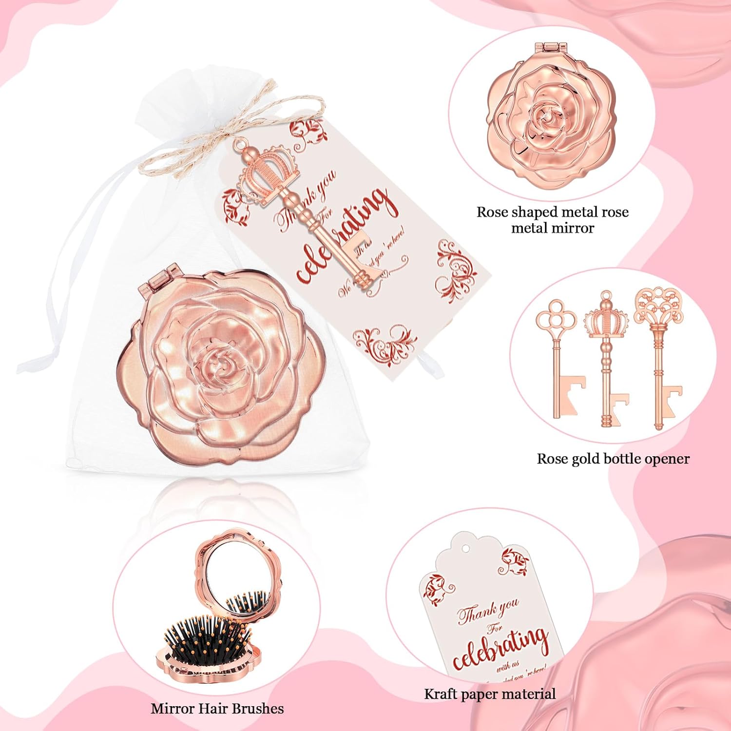 Geetery 24 Pcs Rose Gold Compact Mirrors with Brush Bulk Quinceanera Party Favors for Guests with Key Bottle Opener Thank You Tags Bridal Shower Wedding Party Souvenir Guest Gifts Game Prizes(12 Set)
