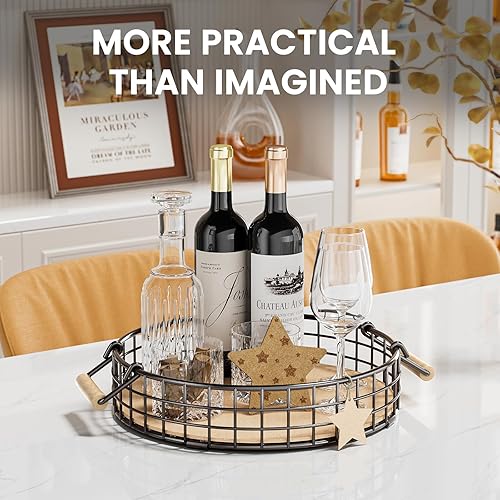 Miniatura 7 de Bandeja de mesa auxiliar, bandeja de metal para organizador y almacenamiento, bandejas ovaladas para servir con mango de madera para desayuno, vino,