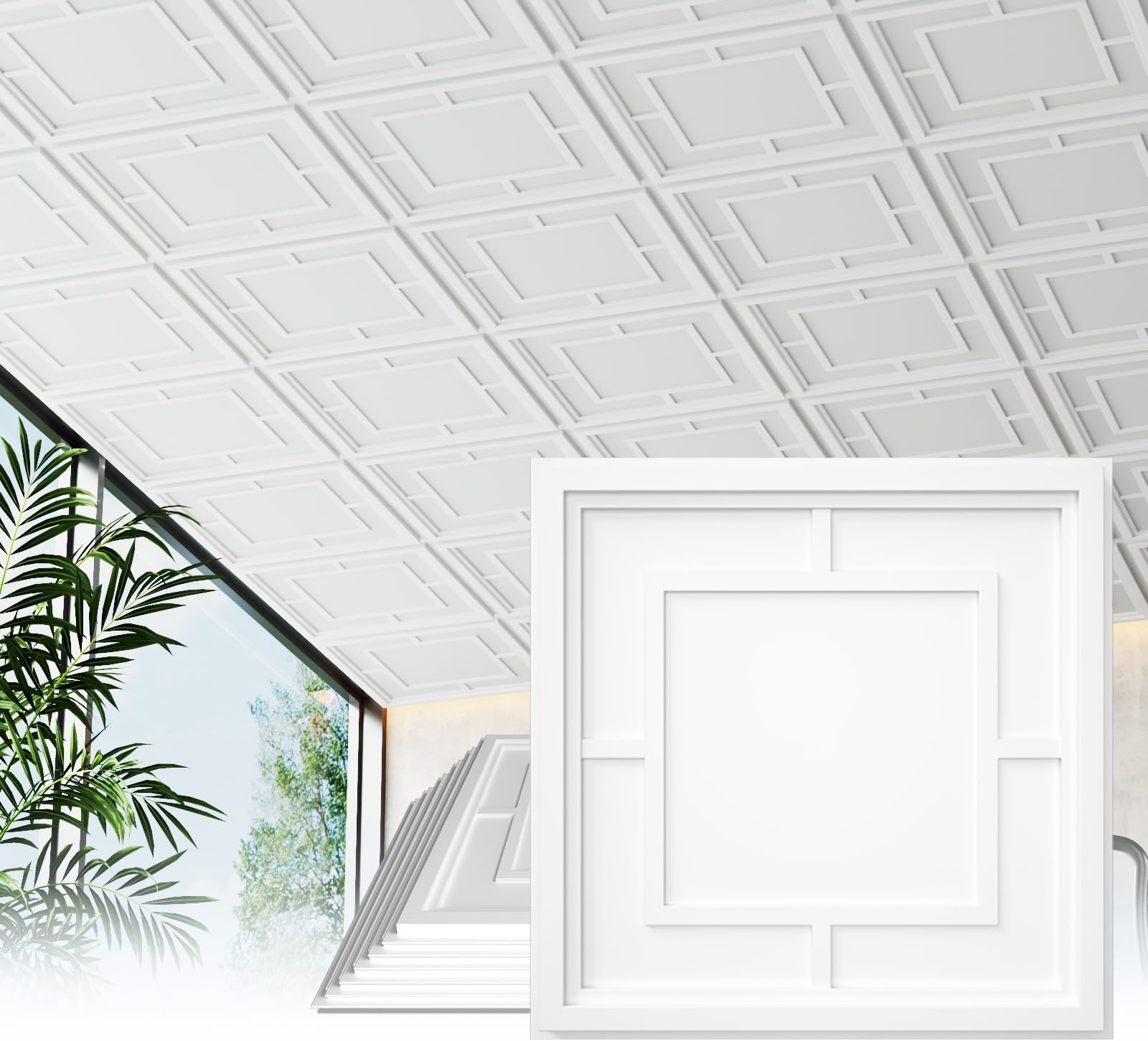 24 PCS 2x2 FT Return Character Grid Design Decorative Ceiling Tiles, 24x24 Inch 3D Modern Ceiling Panels, PVC Waterproof Cuttable Material Ideal for Living Room Bedroom Cover 96 Sq.Ft