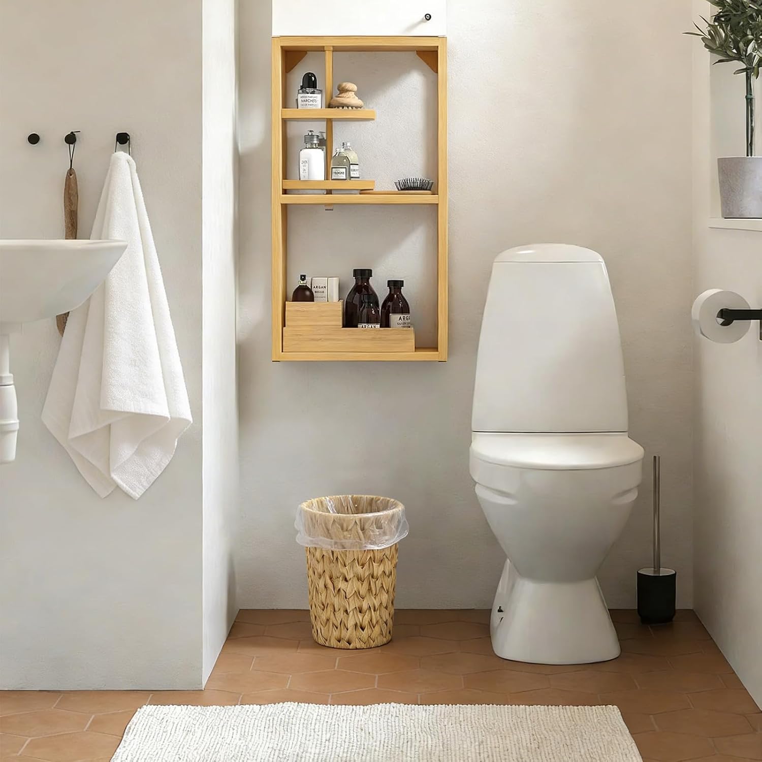 Rattan Plastic Wicker Trash Can, Waterproof Small Bathroom Waste Basket, Handwoven-Look Garbage Bin for Bedroom, Office, Home Decor, 7.5"×6.5"×11" (1, Nature)