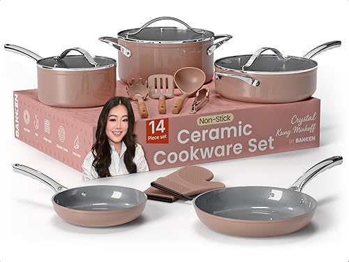 Crystal Kung Minkoff - Juego de utensilios de cocina de cerámica  Juego de 14 ollas y sartenes con tapas, utensilios de silicona y guantes de horno,