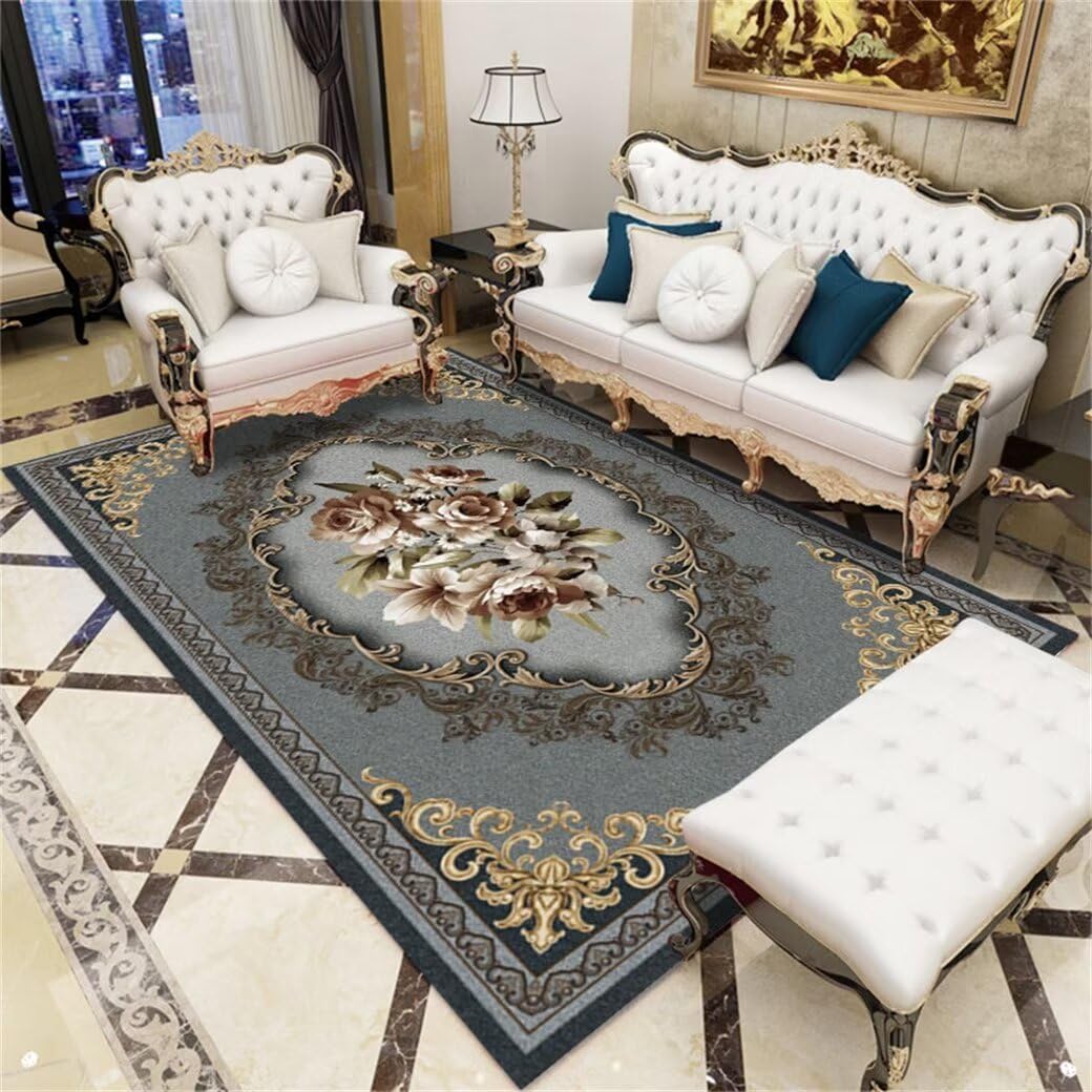 Tapis de salon 90x120cm floral gris vintage lavable pour entrée et couloir