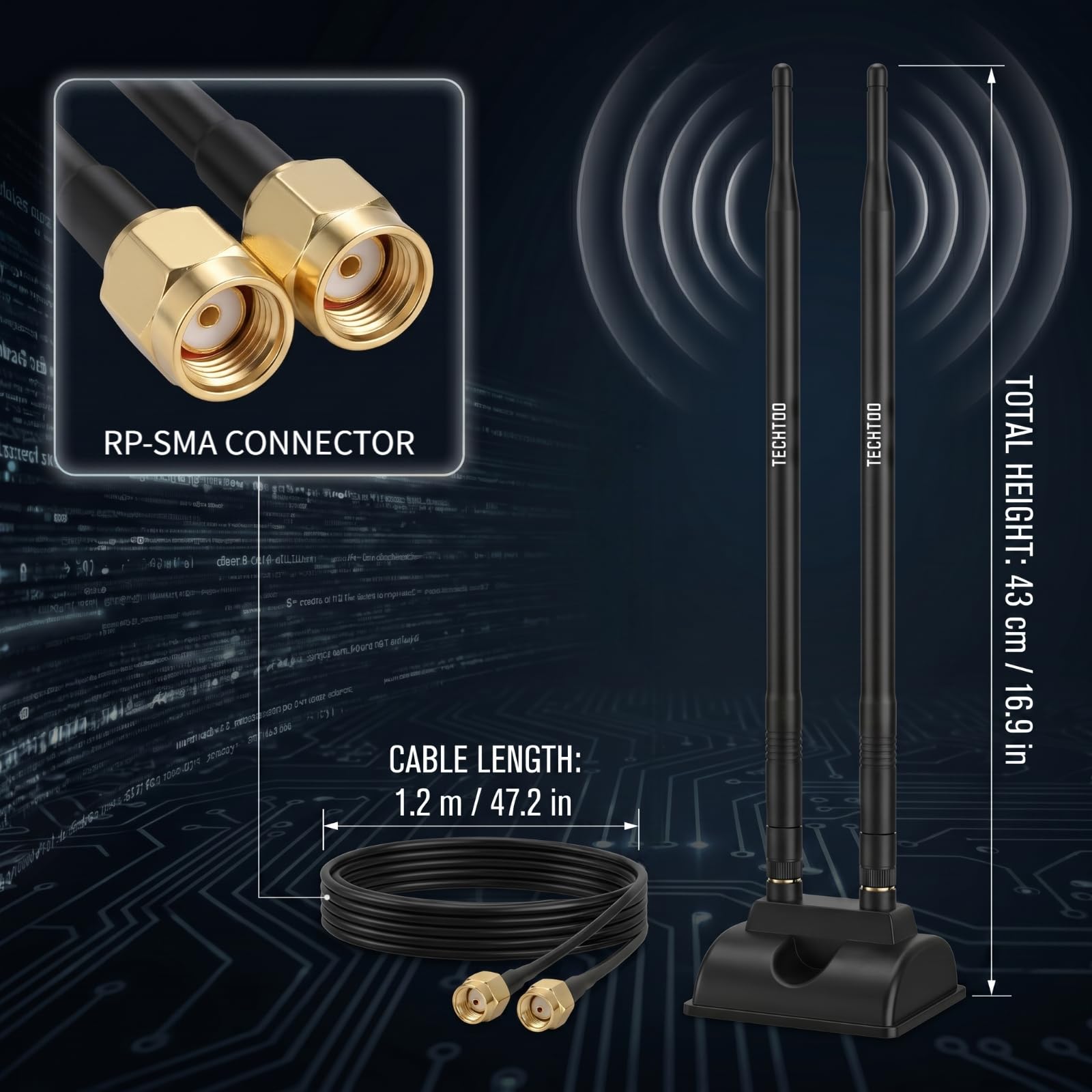 TECHTOO Antenne WiFi 9 dBi 2,4 GHz Connecteur RP-SMA avec base magnétique et câble d'extension de 1,2 m pour PC de bureau, ordinateur de bureau, carte réseau sans fil, carte réseau sans fil, carte
