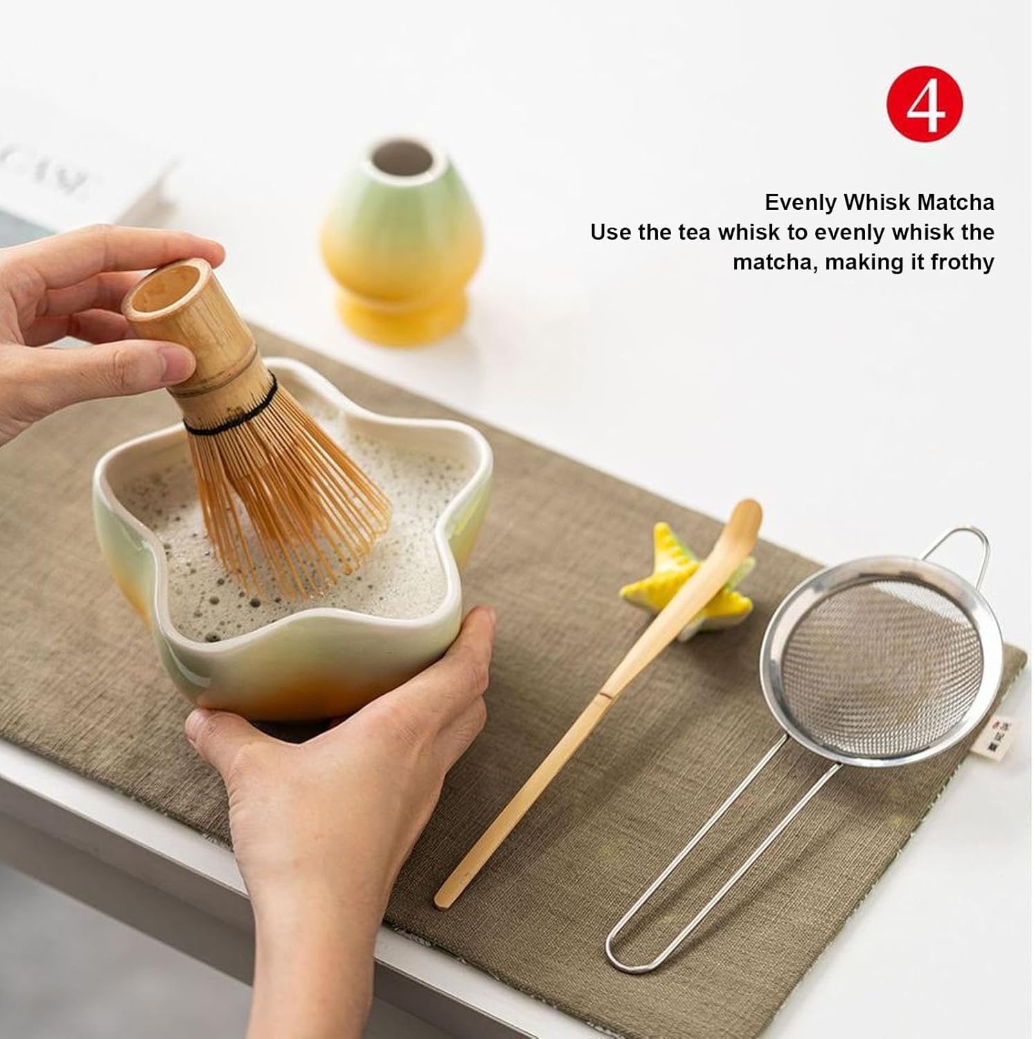 Matcha Whisk Set, Ceramic Matcha Kit with 500ml Bowl Whisk Holder Scoop Sifter Scoop Rest, for Tea Making Beginners Enthusiasts (Green Yellow)