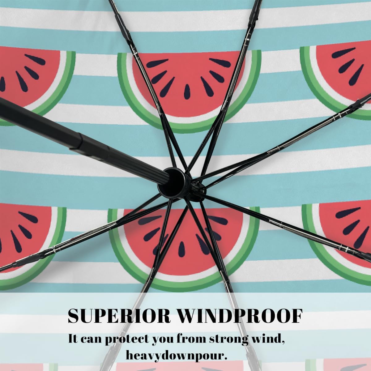 Fruit Watermelon Stripe Folding Umbrella Windproof Compact Lightweight Travel Umbrella with 8 Reinforced Ribs, Portable UV Sun & Rain Protection for Men & Women