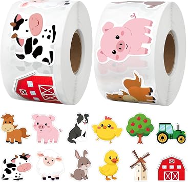 1200 Pcs Farm Animal Stickers Roll 1.5 Farm Theme Self-Adhesive Sticker Labels 12 Designs Barnyard Animal Cow Sheep Pig Incentive Decals for Classroom Teacher Reward Office Envelope Gift Party Decor