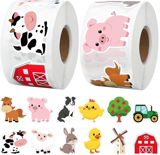1200 Pcs Farm Animal Stickers Roll 1.5'' Farm Theme Self-Adhesive Sticker Labels 12 Designs Barnyard Animal Cow Sheep Pig Incentive Decals for Classroom Teacher Reward Office Envelope Gift Party Decor
