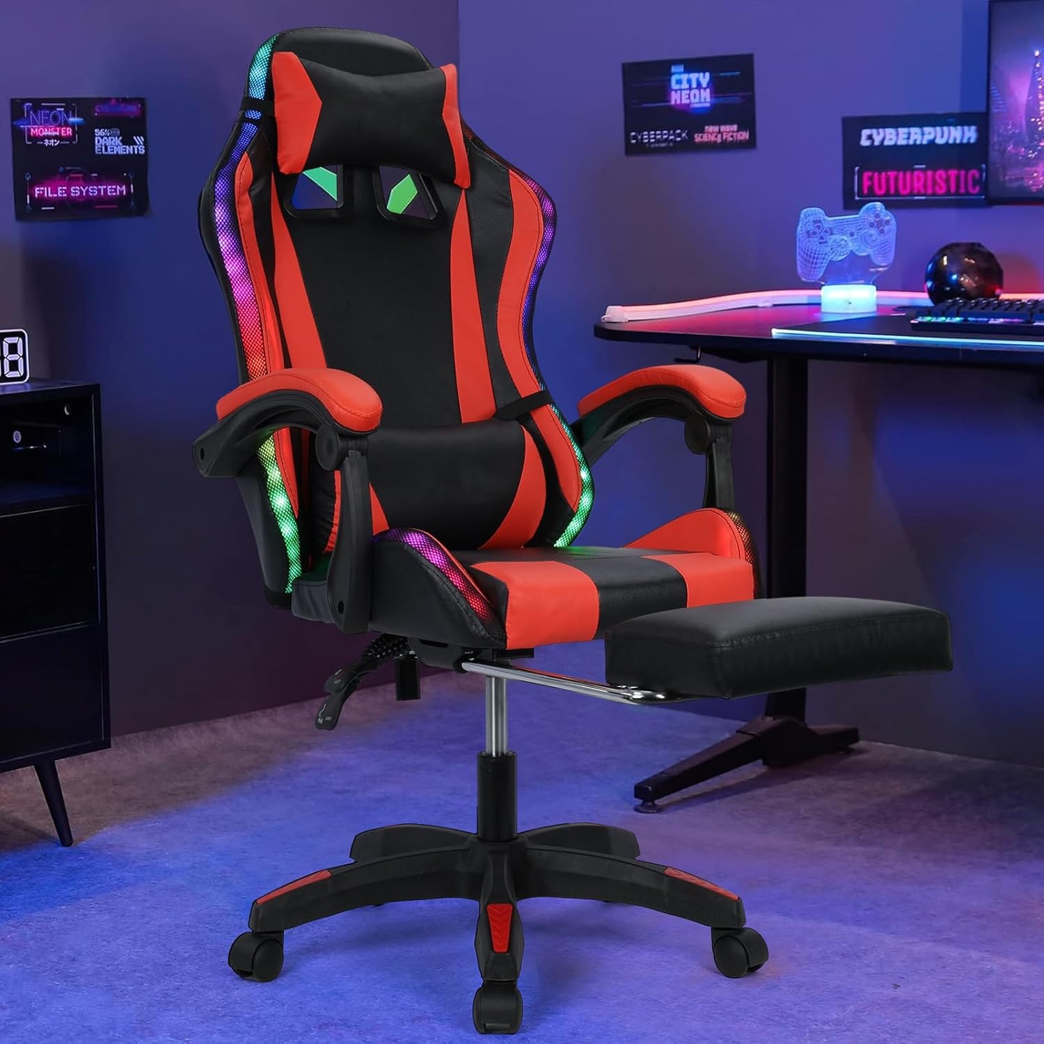 Gaming Chair with Speakers, Bluetooth Gaming Chair with LED Lights and Footrest, Height Adjustable Massage Computer Chair Lumbar Support for Adults (Black Red)