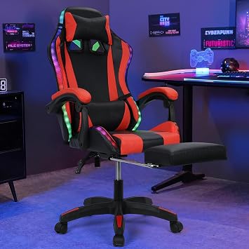 Gaming Chair with Bluetooth Speakers, LED Lights, and Lumbar Massage, Ergonomic Office Chair with Retractable Footrest, Reclining High Back Computer Desk Chair for Home Office Black/Red
