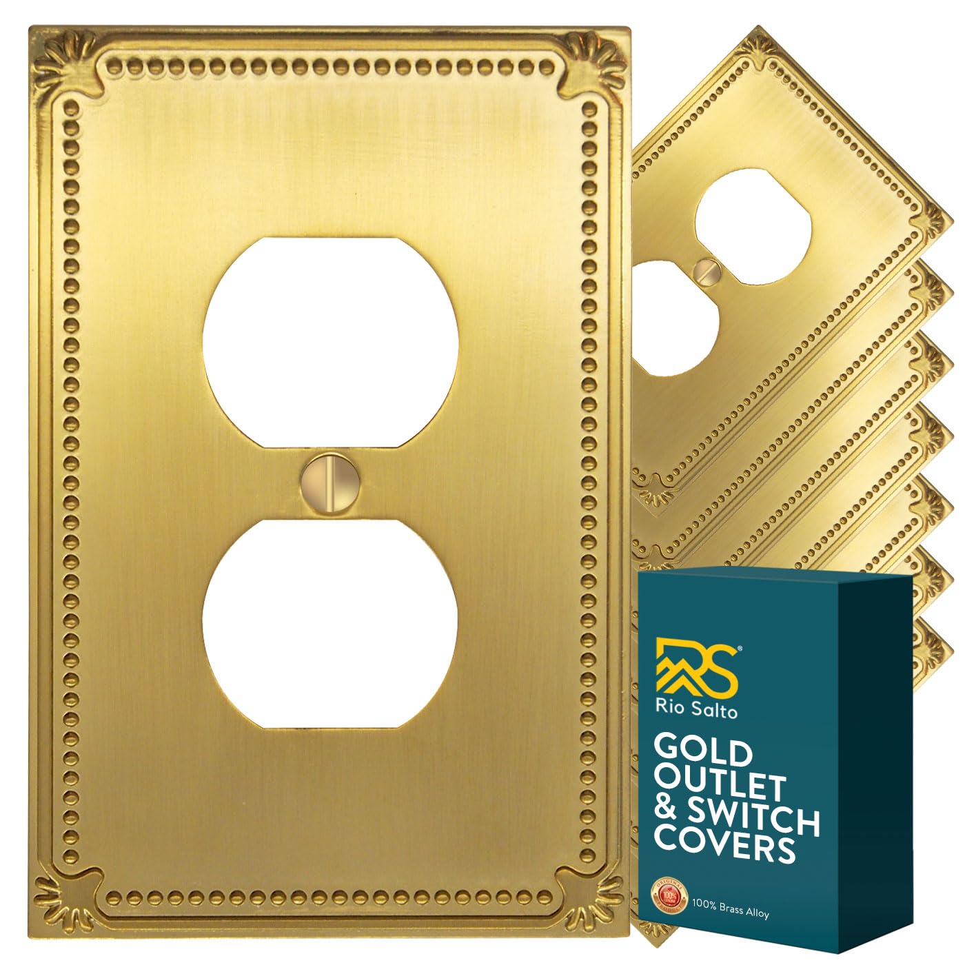 Rio Salto Pearl Collection – 1-Gang Duplex Outlet Cover Light Switch Plate Brushed Brass Decorative Outlet Covers Premium Heavy-Gauge Gold Plates 3.13
