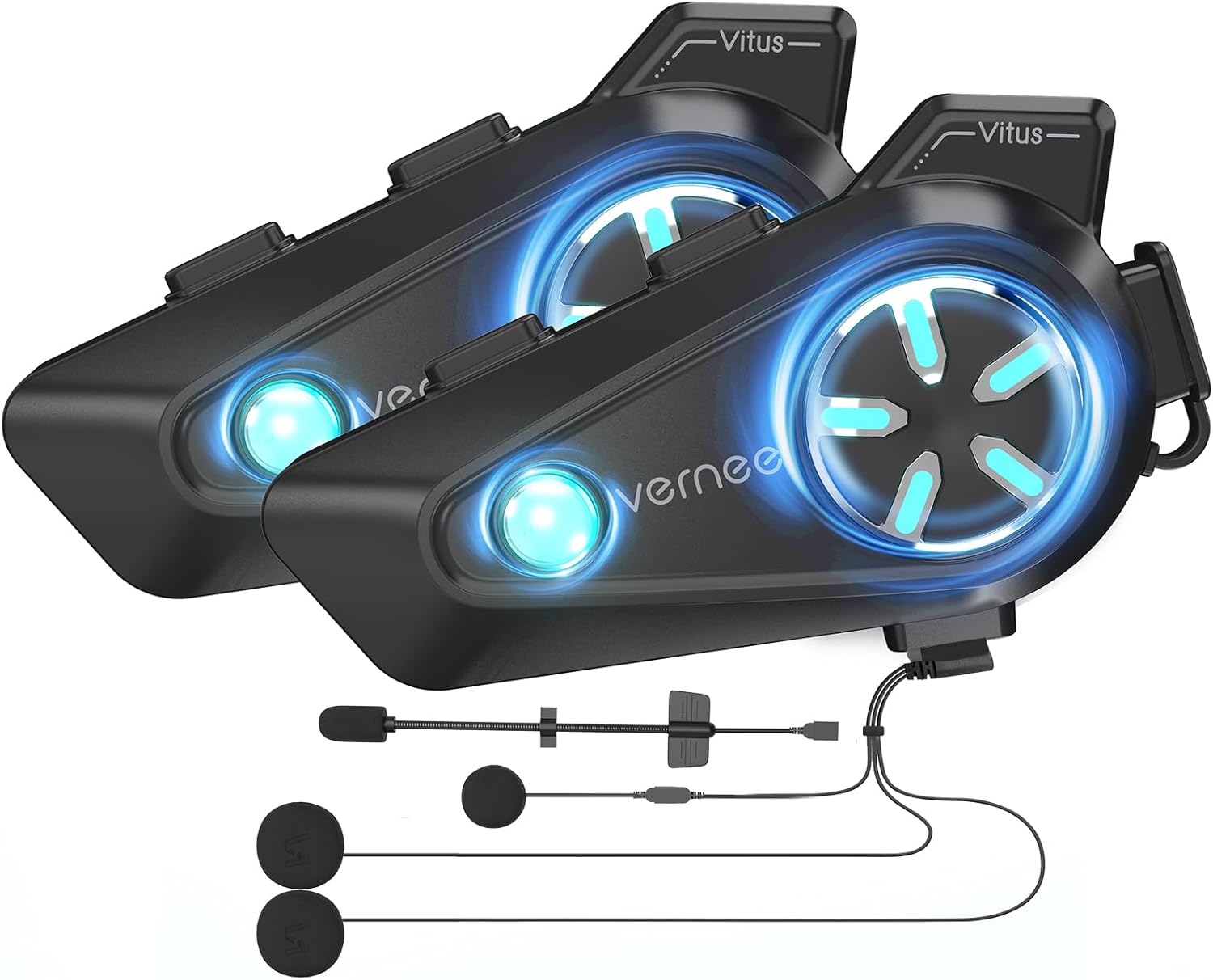 Vernee Motorcycle Helmet Bluetooth Headset Speakers, 4 Riders 2Km Intercom, with 2 Type Mics, IP67 Waterproof/Noise Cancellation/Voice Control/Glove Friendly, Compatible with All Helmets, 2 Pack