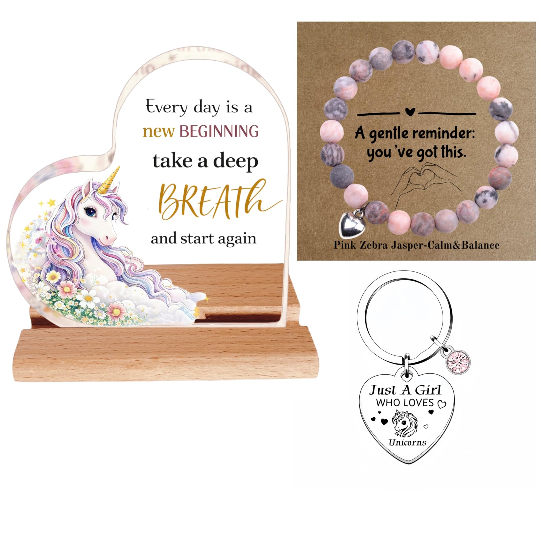 Horse Gifts for Girls Women, 3-in-1 Pink Zebra Jasper Bracelet, Keychain & Acrylic Plaque Decor Set, Equestrian Unicorn Birthday Present for Teenage Daughter Granddaughter