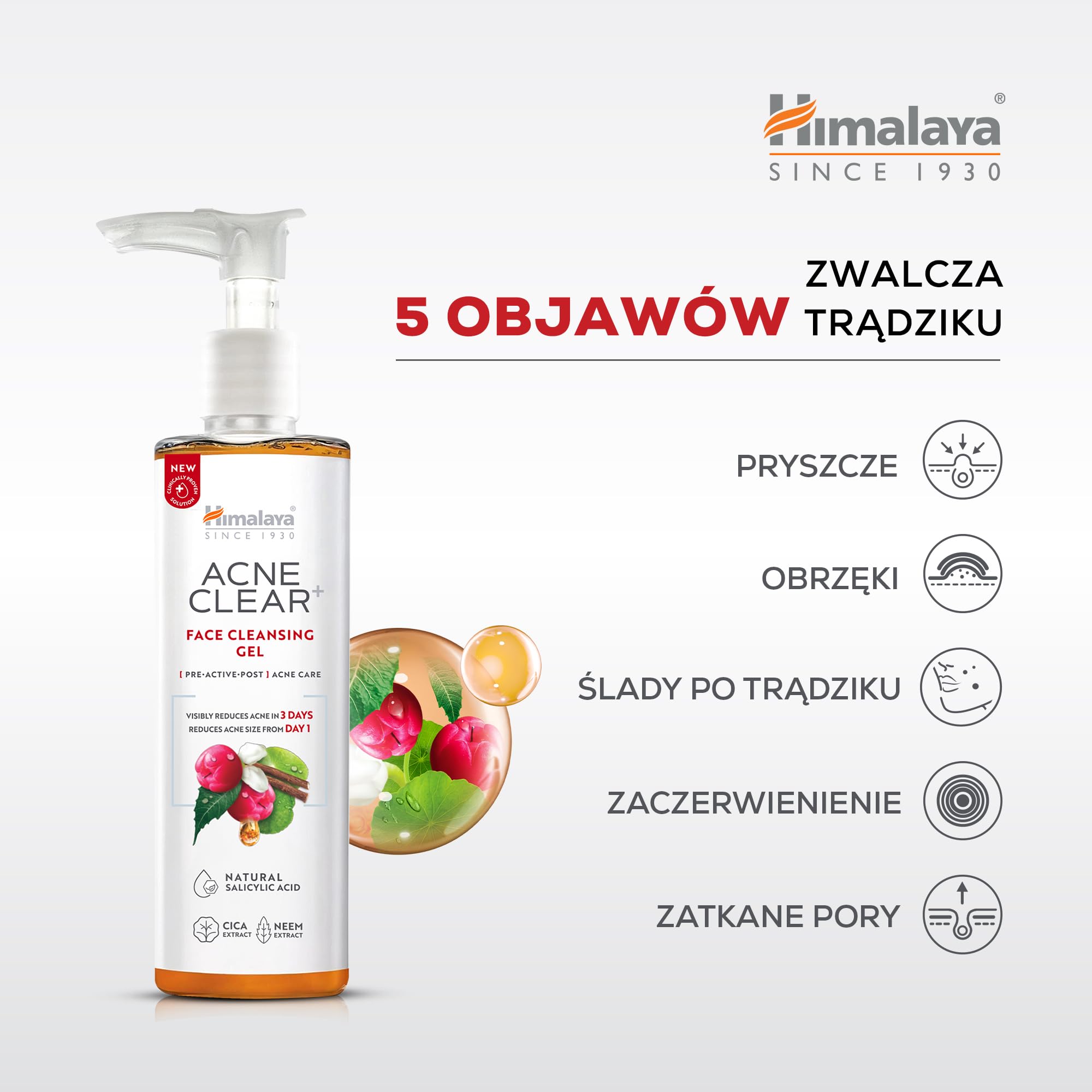 Himalaya Acne Clear+ Żel do mycia twarzy, 200 ml – kwas salicylowy, CICA i neem – zwalcza 5 objawów trądziku, w 97% pochodzenia naturalnego – delikatny, niekomedogenny środek czyszczący