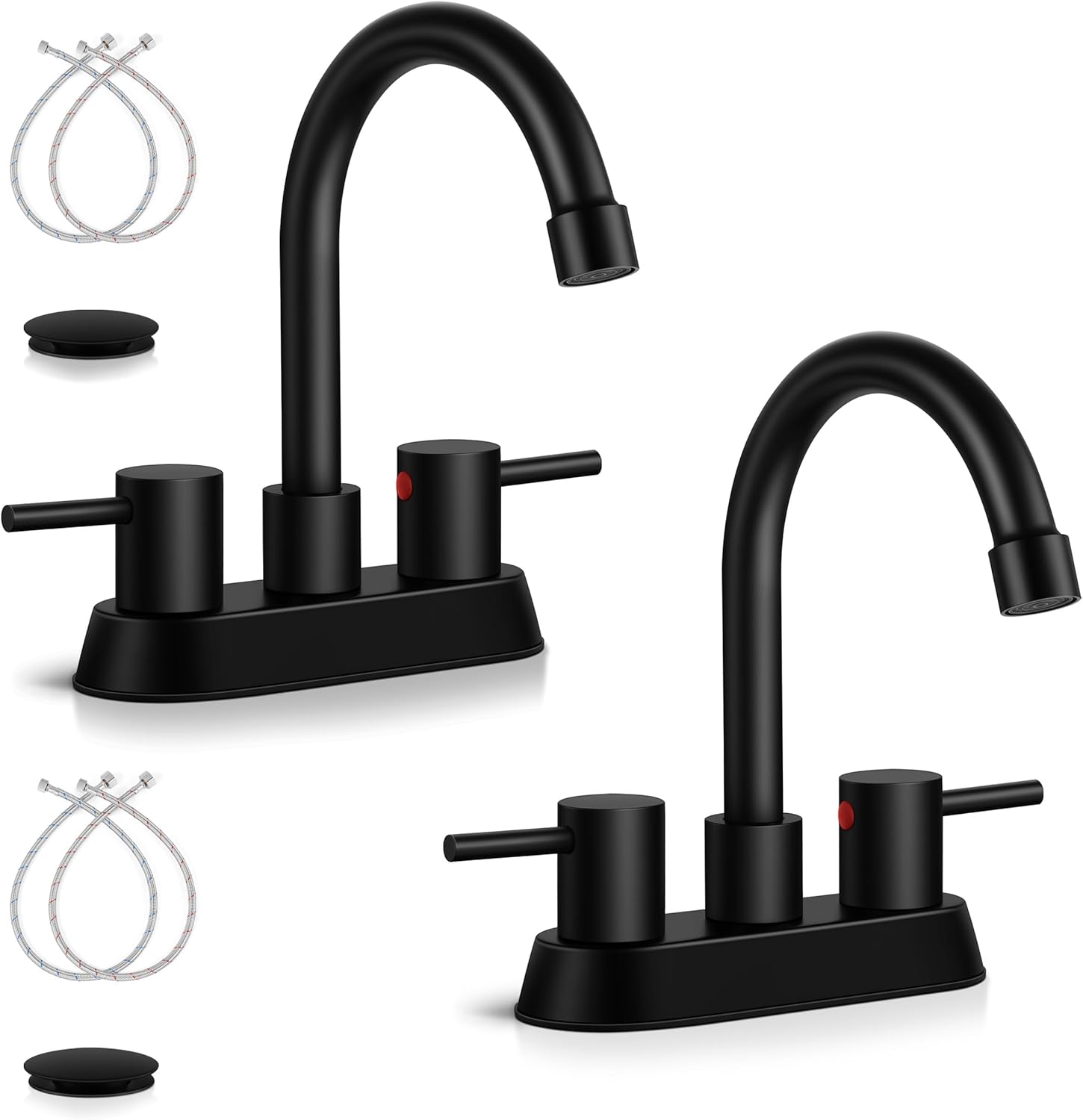 2 Pack Matte Black Bathroom Faucet for 3 Hole, Herogo 4 Inch 2-Handle Bathroom Sink Faucet with Pop-Up Drain and Supply Hoses, 18/10 Stainless Steel Faucets for RV Vanity