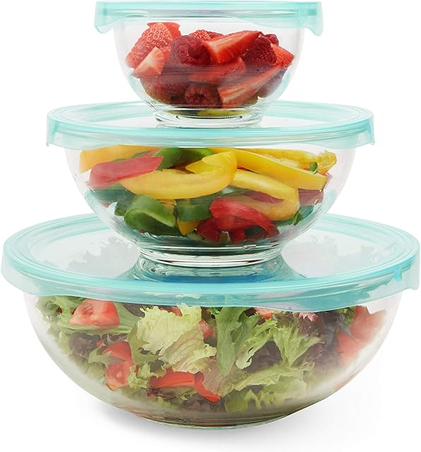 VonShef Glass Bowls with Airtight Lids - Set of 3 Nesting Bowls for Space Saving Storage - Oven, Fridge, Freezer and Microwave Safe Mixing Bowls  Versatile for Cooking, Baking and Food Storage