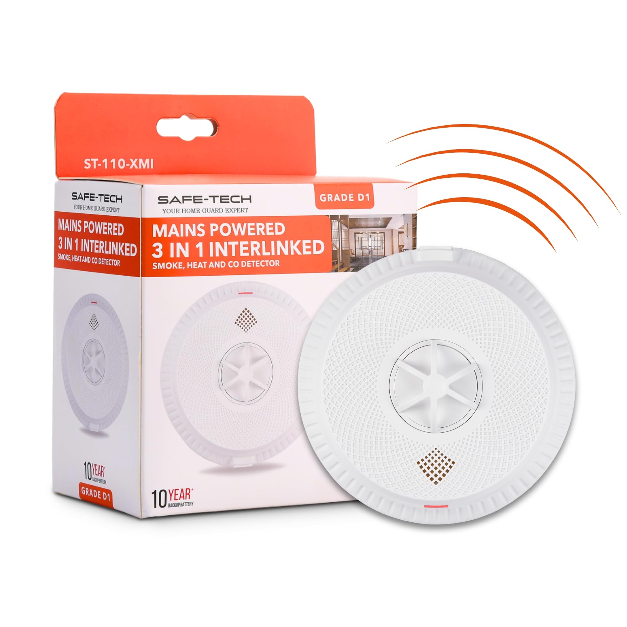 Safe Tech White Mains Powered Radio Interlink 3 In 1 Multi Sensor Smoke Alarm, Dual Interlink 230V Smoke Heat Carbon Monoxide 3 In 1 Alarm With 10 Year Battery, Hardwired Interlinked Smoke Alarm Bs 5839‑6