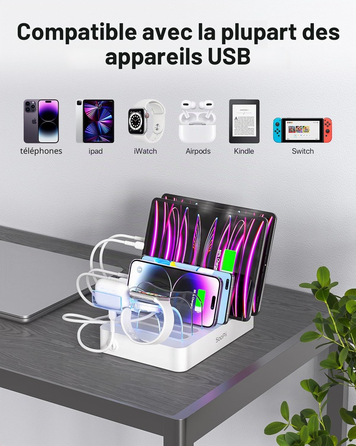 SooPii 50W 6 Ports Station de Charge USB pour Plusieurs appareils, Blanc | Station de Charge avec 6 câbles et Support de Chargeur i-Watch amélioré Inclus,pour téléphones,tablettes et Plus Encore