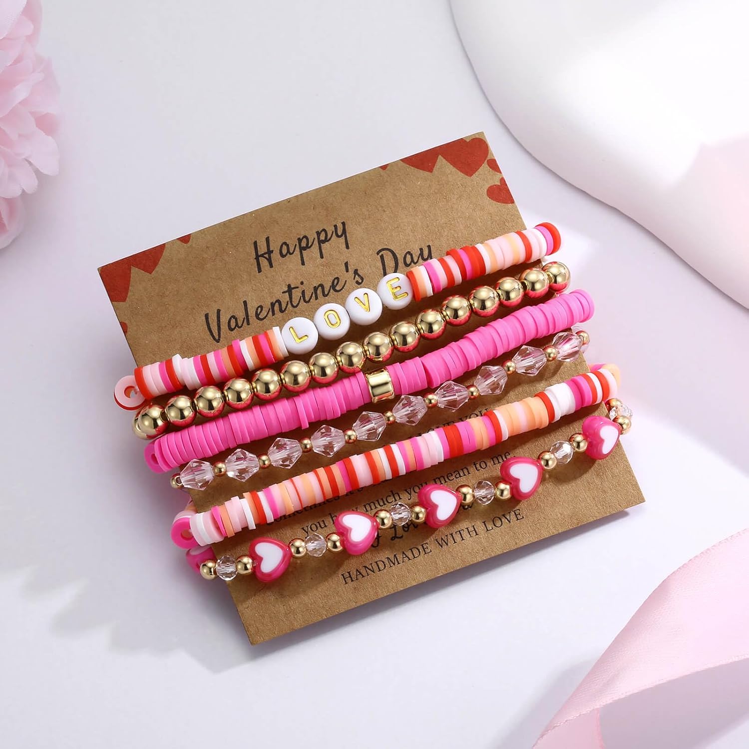 Beaded Heishi Stackable Stretch Bracelet with Love Heart Charm Valentine's Day Holiday Jewelry Gift for Women - Image 2