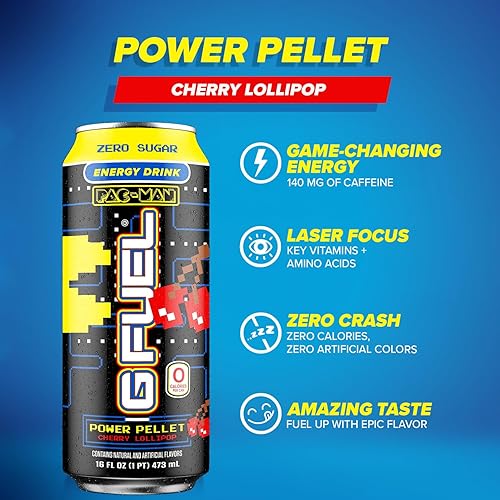 Miniatura 4 de G Fuel Pac-Man Power Pellet - Bebida energética piruleta de cereza, lata de 16 onzas, paquete de 12 unidades