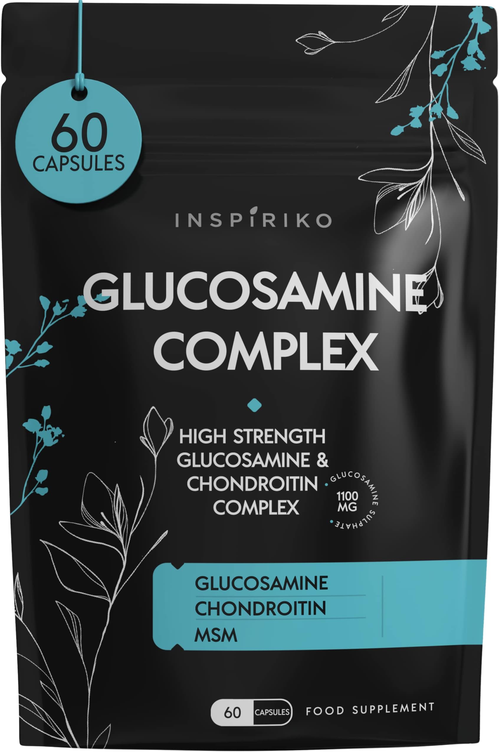 Inspiriko Glucosamine and Chondroitin High Strength Supplement - Shellfish-Free Chondroitin, Glucosamine Sulphate, MSM & Vitamin C Combination Supplement for Men & Women, 60 Capsules