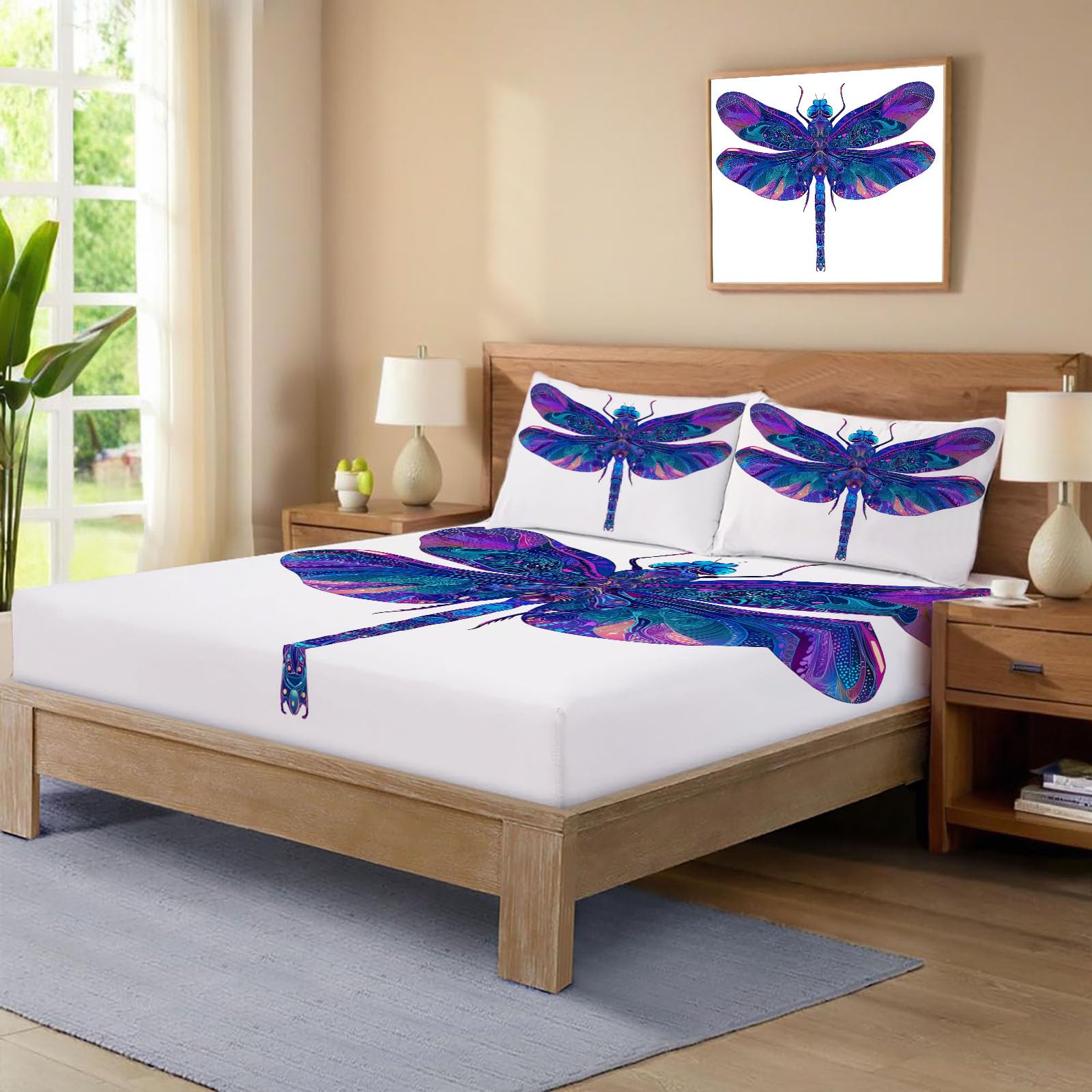 Sábanas 200X190/200Cm - Juego De Sábanas 3 Piezas Estampadas Libélula Mandrágora - Microfibra Suave Transpirable - Sábana Bajera Ajustable - Ropa De Cama Animales Psicodélicos (Azul Real)