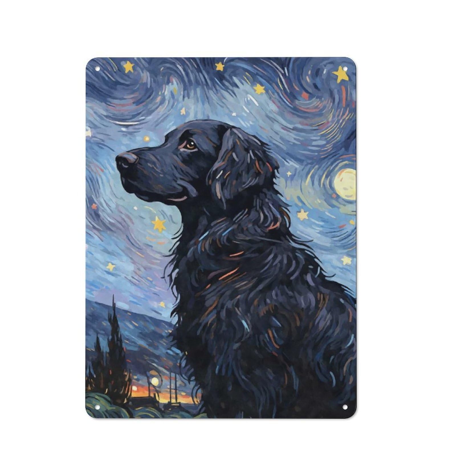 Junmoney Style-16 Flatcoated Retriever Night Rustic Tin Wall Plaque 40X30cm For Hobby Room Or Studio, A New Home Present For Creative Interior Collectors