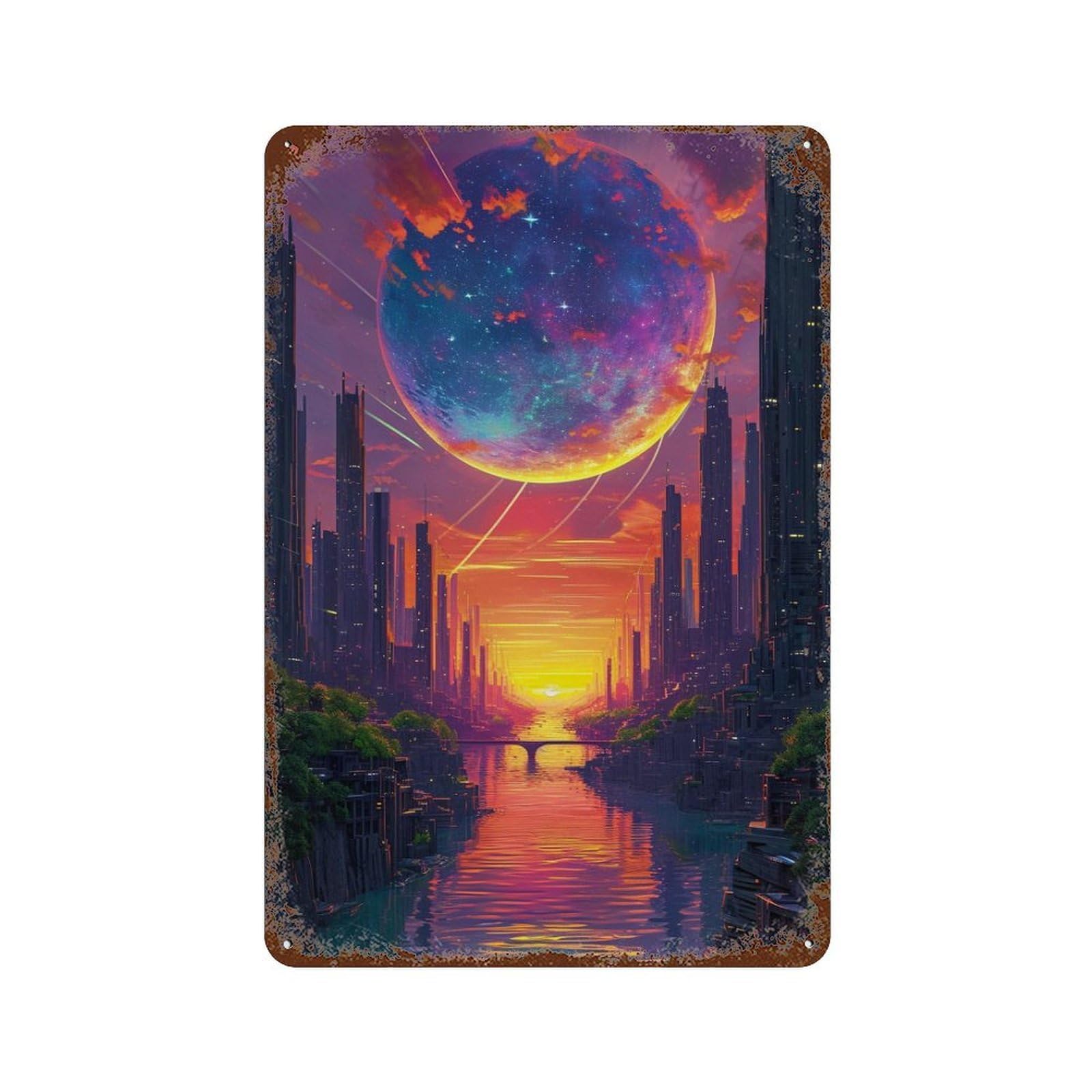 Fantasy Cityscape with Giant Planet Decorative Tin Sign 11.8"x7.9", Retro Wall Decor for Garage, Pub Or Kitchen
