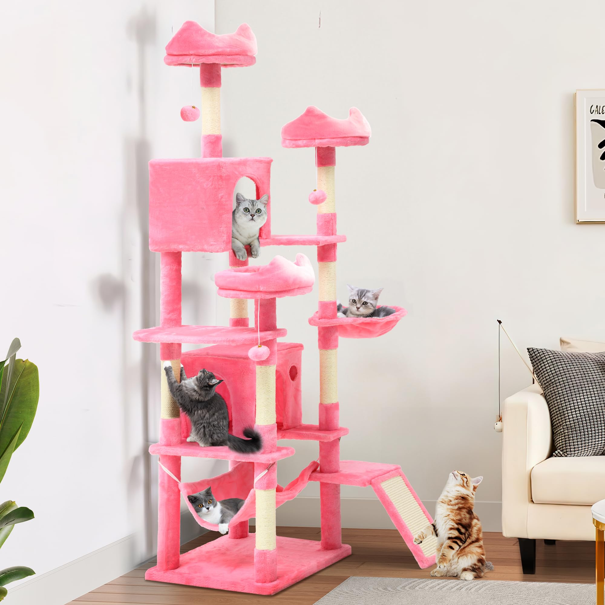 YITAHOME Tall Cat Tree for Indoor Cats, 75 inch Multi-Level Cat Tower with Cat Condos, Top Perches, Sisal Ramp Scratching Posts, Cozy Basket, Hammocks, Large Cat Pet Activity Structure,Pink