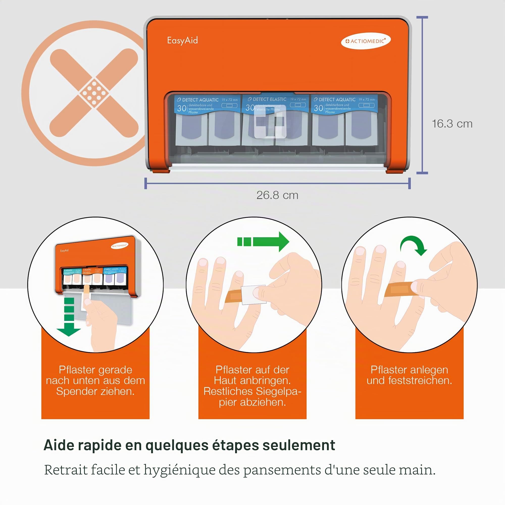 ACTIOMEDIC I EasyAid Distributeur de pansement DETECT, Comprenant 90 sparadras bleus détectables pour l'industrie alimentaire, Avec système kanban et matériel de fixation murale, Trousse de secours