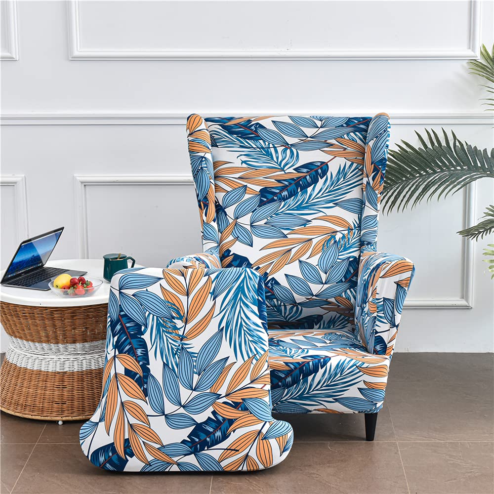 WJHDWYD 2 Pieces Stretch Wingback Chair Slipcover, 1 Seater Sofa Cover with Cushion Cover, Washable Removable for Bar Living Room Bedroom Reception(Foglie Blu)