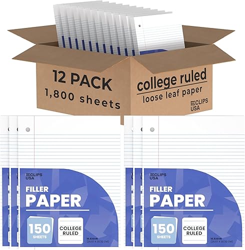 Papel para cuaderno, papel de hojas sueltas, papel rayado universitario, 10.5 x 8 pulgadas, papel de relleno, 1.98 ozm, 150 hojas por paquete, 1800 Papel para cuaderno, papel de hojas sueltas, papel rayado universitario, 10.5 x 8 pulgadas, papel de relleno, 1.98 ozm, 150 hojas por paquete, 1800