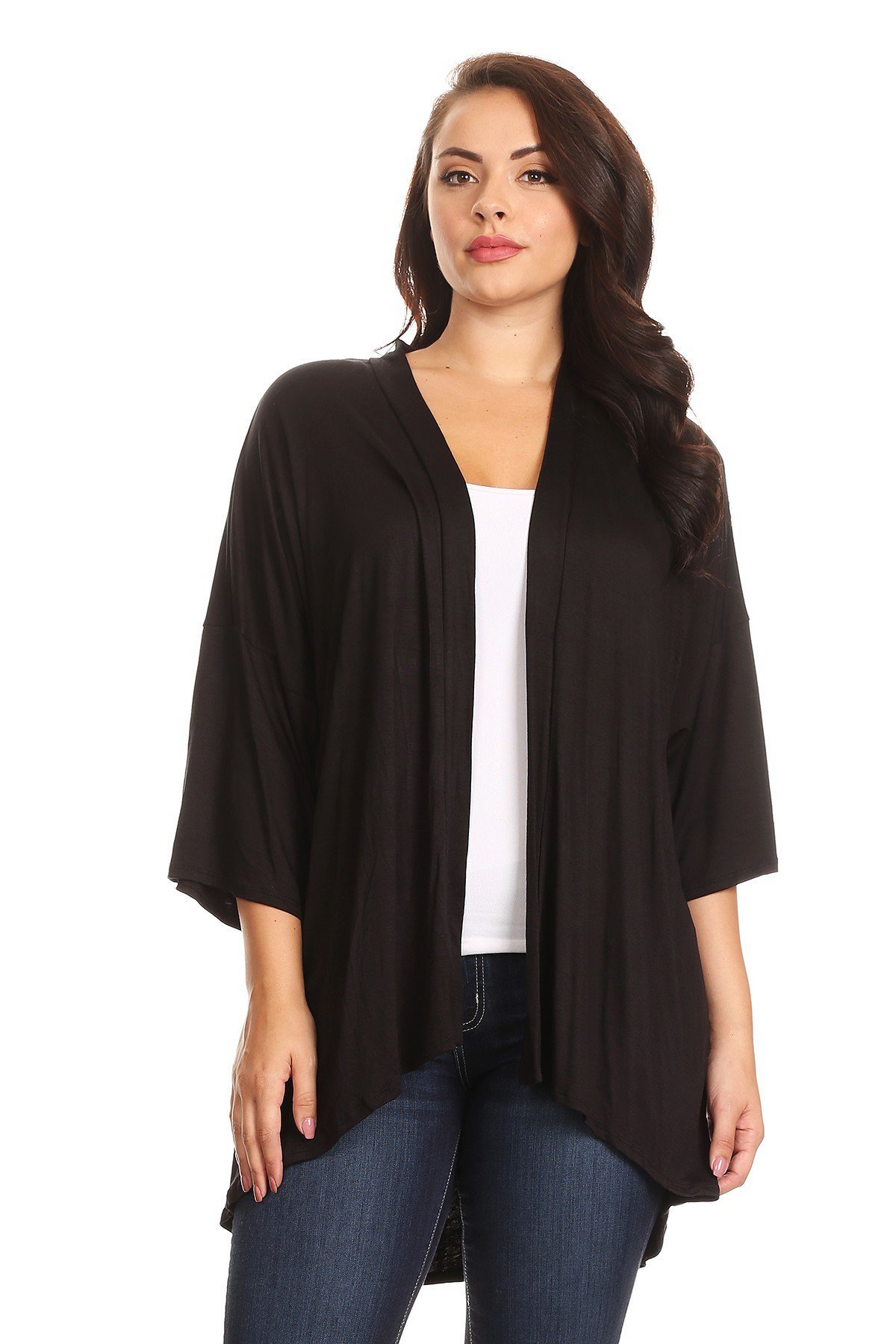 Modern KiwiWomen's Plus Size Solid 3/4 Sleeve Open Front Cardigan (1X-4X)