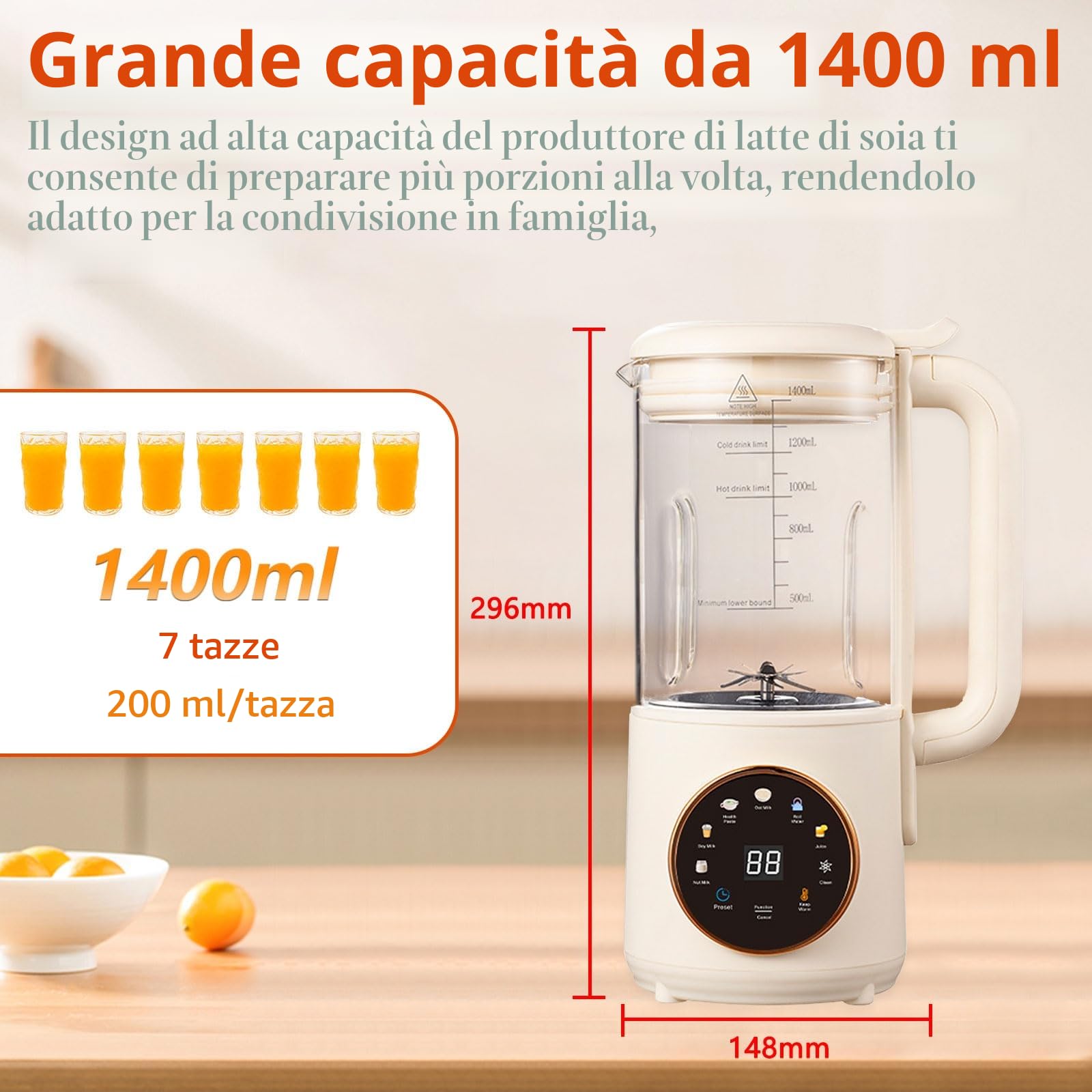 Macchina per latte di soia automatica 8 in 1, 1400 ml, con 16 lame, copertura isolante acustica, latte vegetale fatto in casa, avena, mandorle, succo con avvio ritardato, autopulente