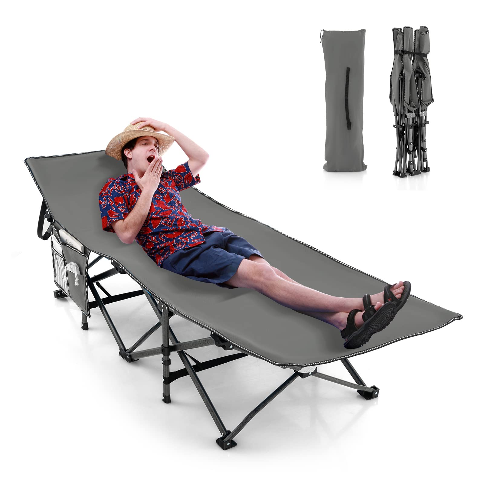 GYMAX Lit de Camp Pliable 1 Personnes, Charge 160kg, Lit de Couchage Robuste avec Pochette 3-en-1, Sac de Transport, Lit de Tente pour Camping, Voyage, Randonnée