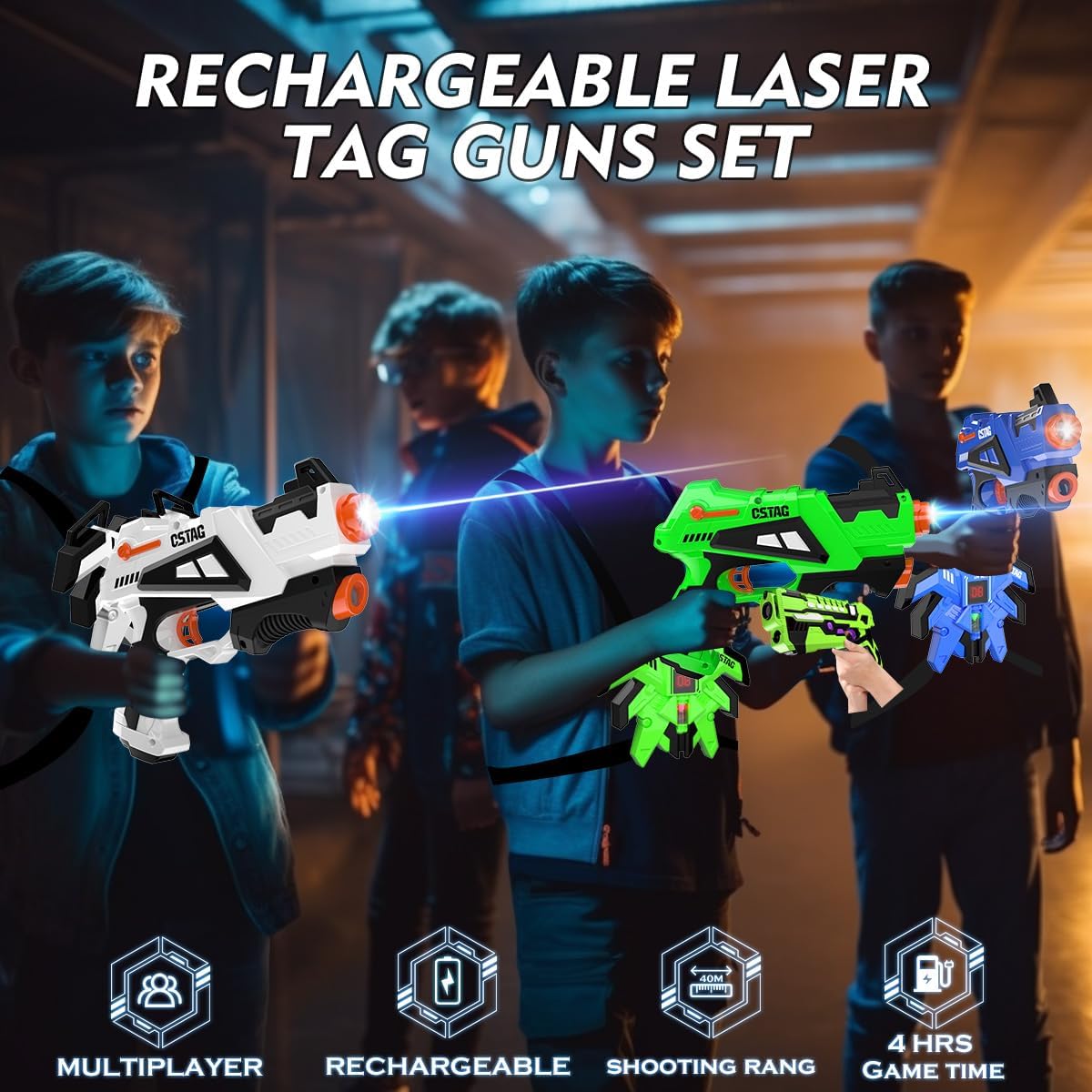 VATOS Rechargeable Infrared Gun Set - 4 Infrared Tag Sets with Vest, Rechargeable Battery 4-in-1 Charger Upgraded Indoor Outdoor Game for Adults Kids Toy Gifts for Boys Girls Age 6-12 Years Old