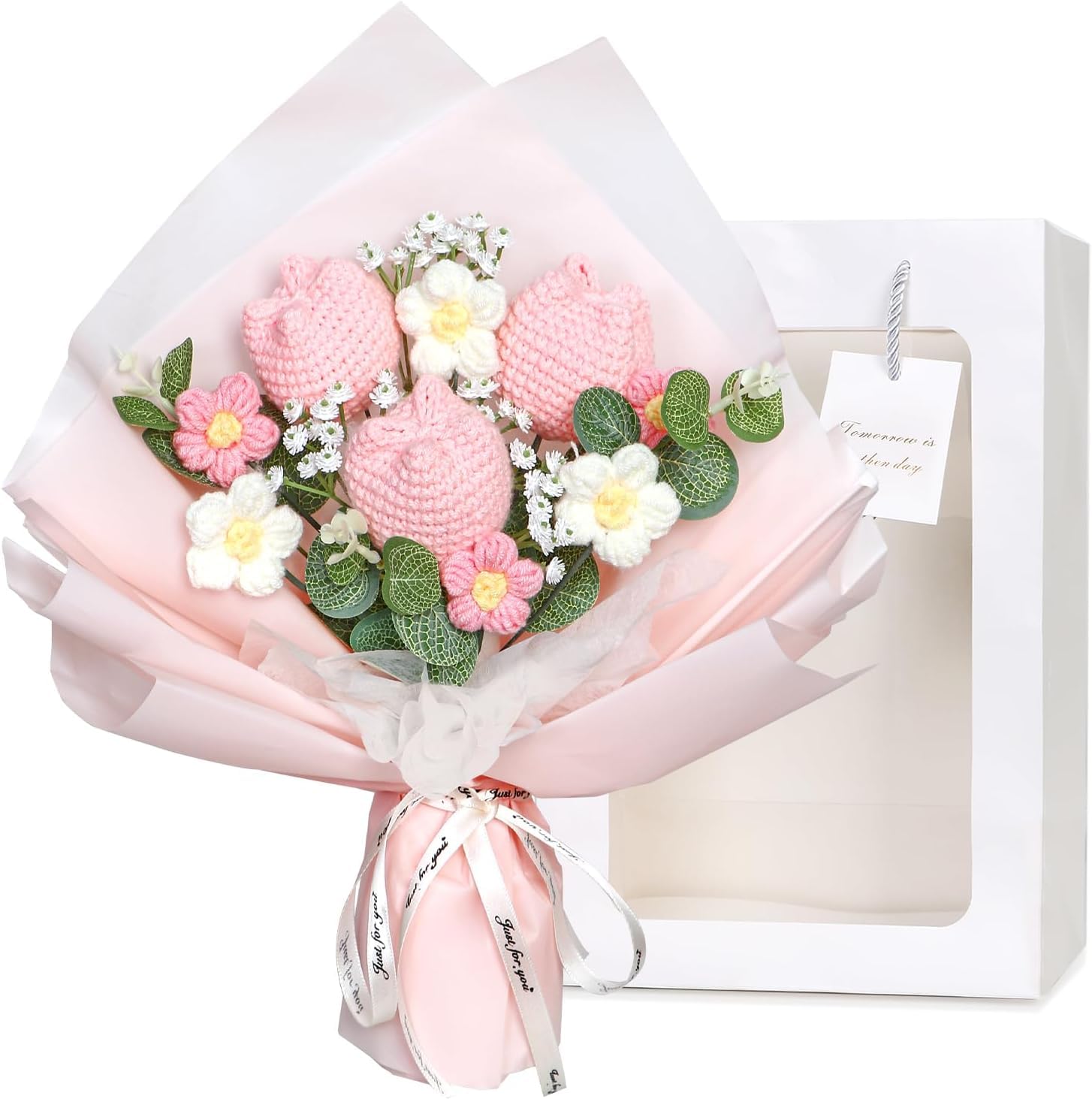 Tulipanes de ganchillo artesanales Dremisland tejidos con hilo premium rosa
