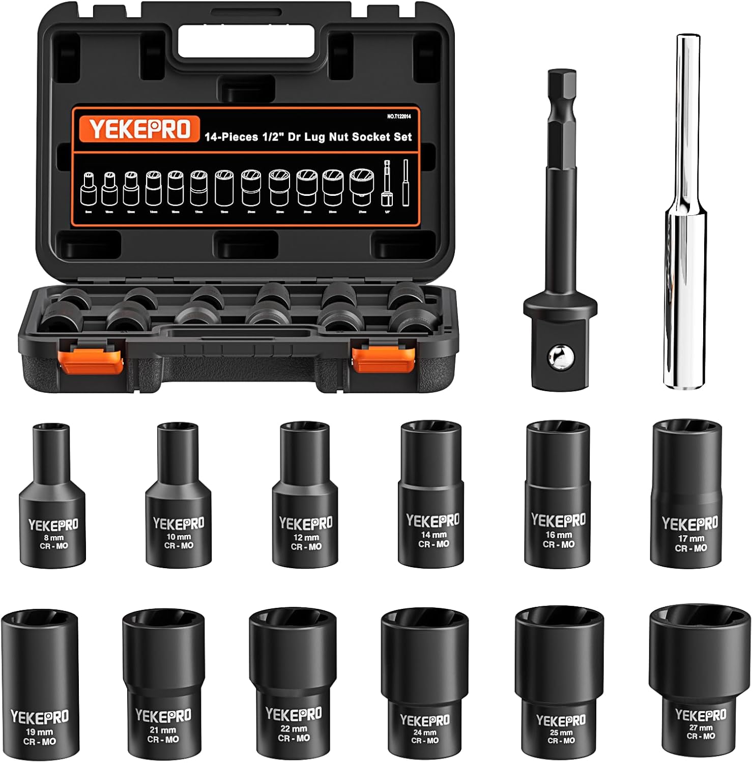 14 Pieces 1/2inch Tap Extractors, Impact Twist Lug Nut Removal Tool, Stripped For Damaged, Frozen, Studs, Rusted, Rounded-Off Bolts, Nuts & Screws, Cr-Mo