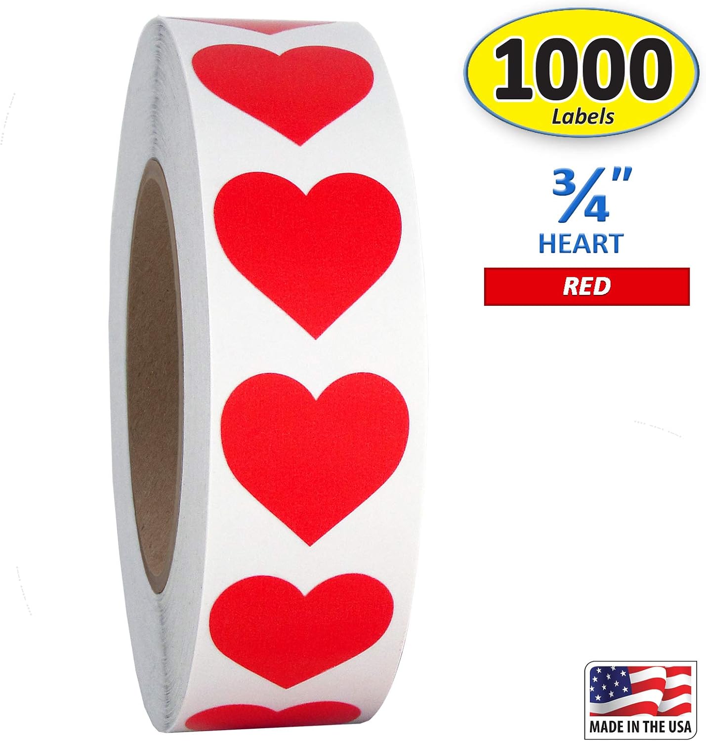 Red Heart Shaped Sticker Labels, 3/4" Diameter, 1000 per Roll.75 inch