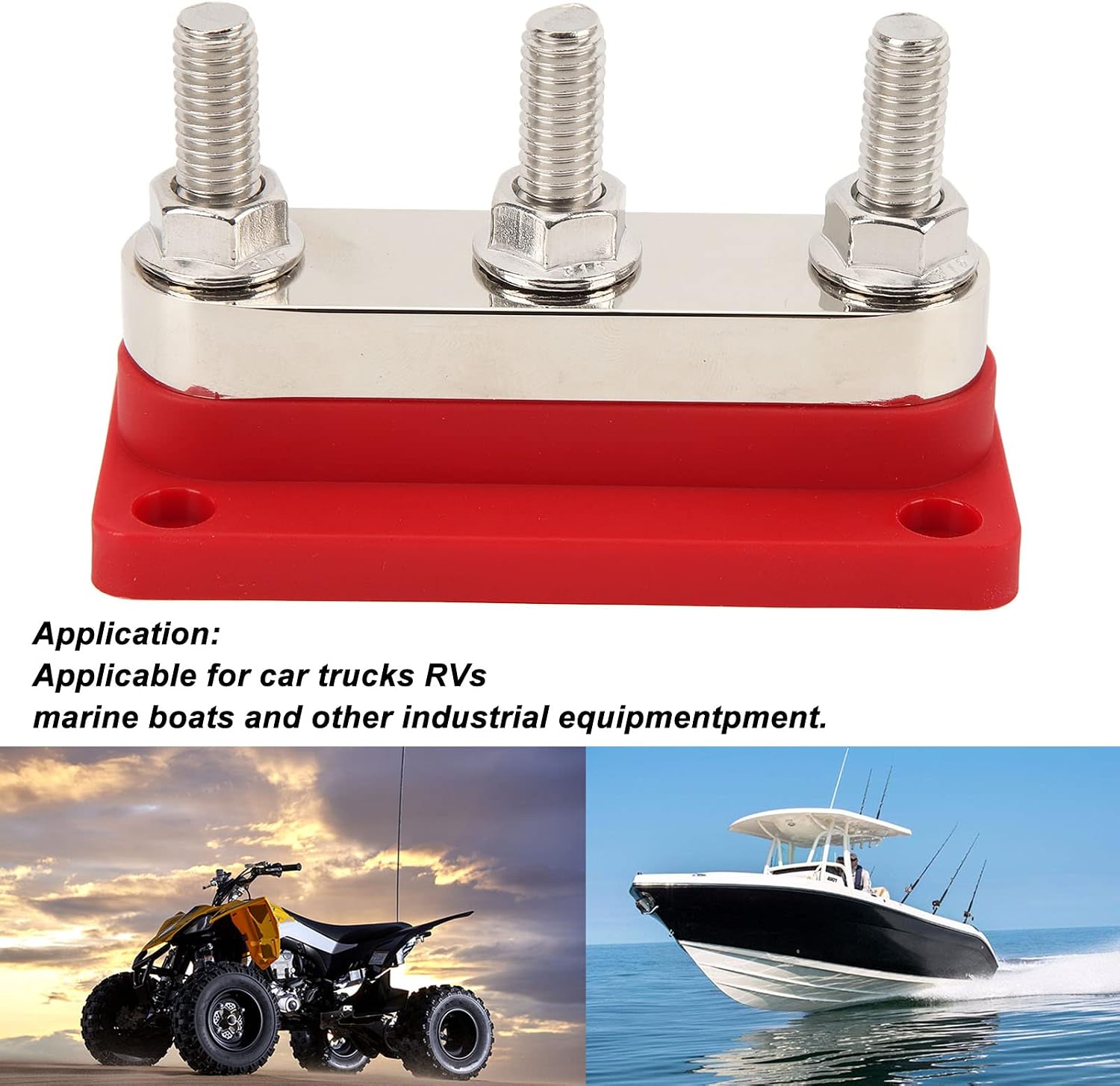 Power Distribution Block Bus Bar, 12-48V 600A 3 - Stud M10 – Tidy Vehicle Circuit Management, Durable Brass - Construction for Cars, Trucks, RVs & Marine (Red)