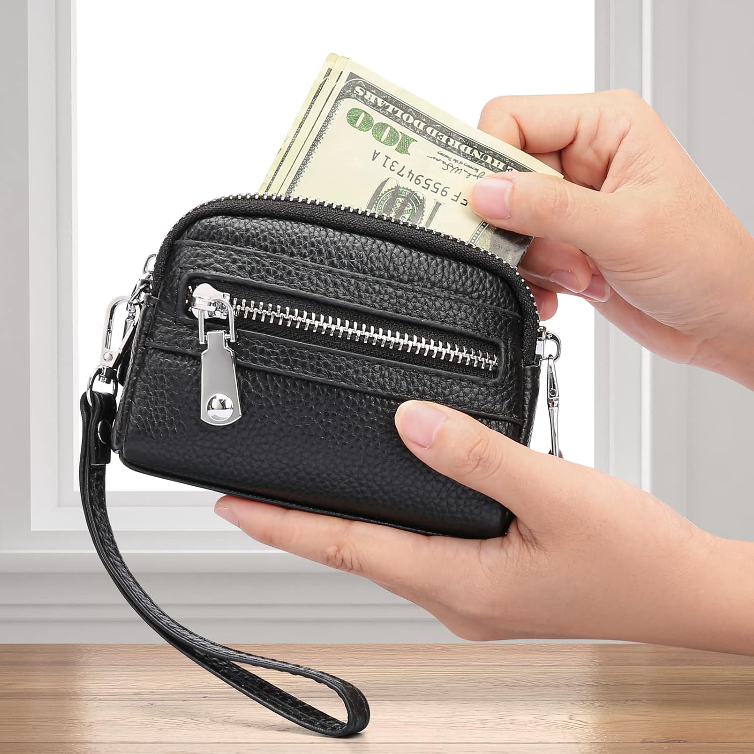 SENDEFN Coin Purse for Women Leather Wristlet Double Zip Around Small Change Pouch - Image 7