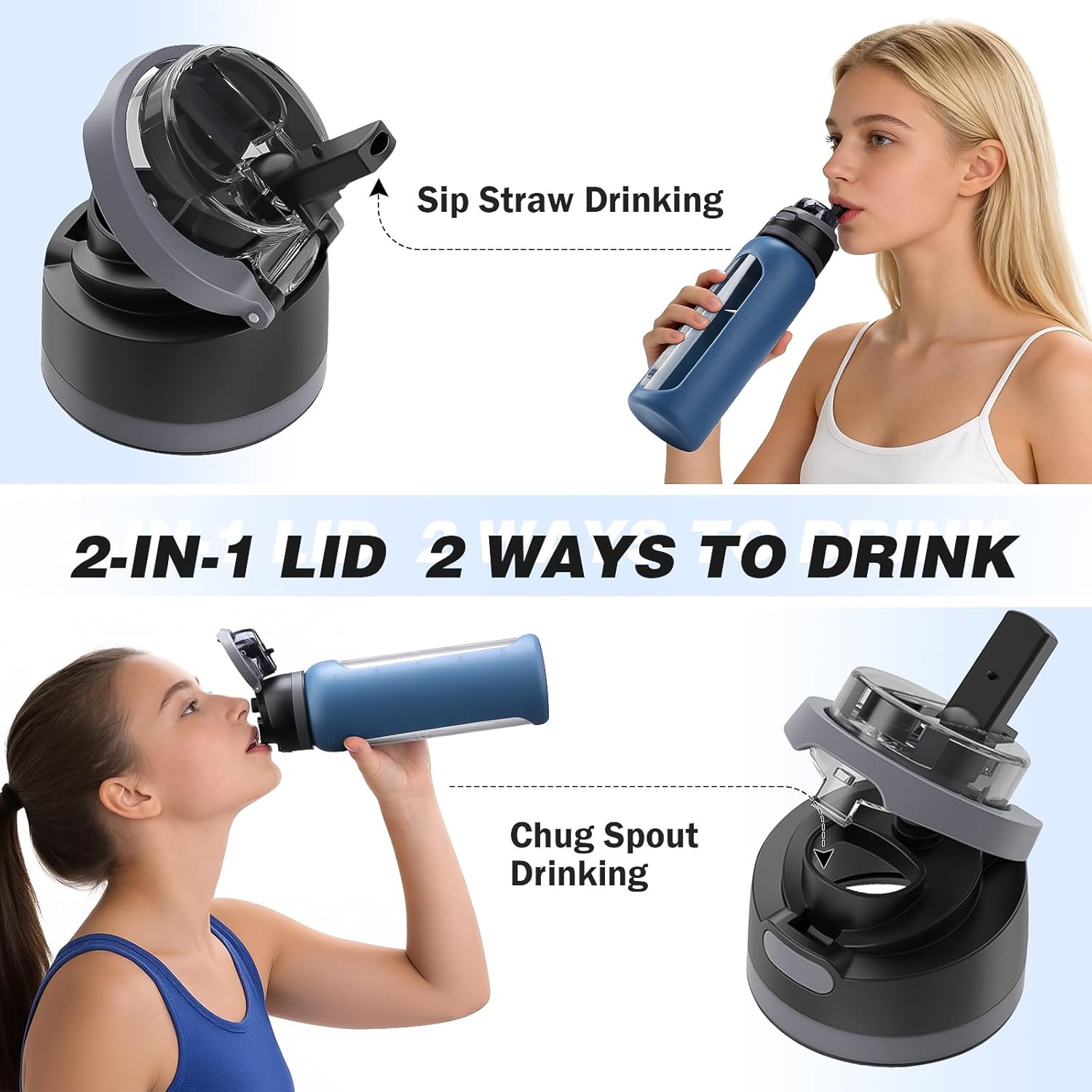 Kodrine 32oz Glass Water Bottle With Straw and 2-IN-1 Lid, Motivational Water Bottle with Time Marker and Silicone Sleeve, Reusable Borosilicate Glass Drinking Bottles for Home, Gym, Sport-Blue