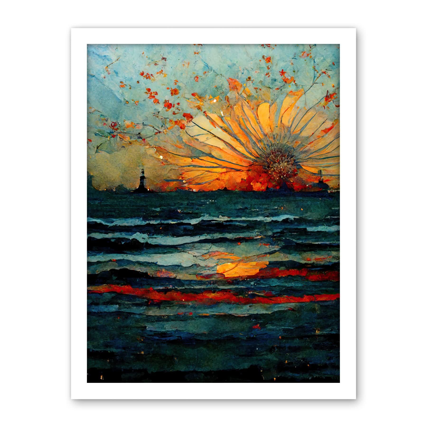 Artery8 Seascape Sunset Port City Waves Horizon Artwork Framed Wall Art Print 18X24 Inch