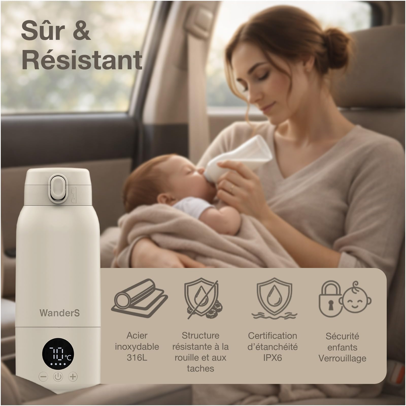 Chauffe-Biberon Nomade par WanderS – 500ML Chauffe-Biberon Portable - Contrôle Précis de la Température, Fonction Stérilisation, Acier Inoxydable 316L, Recharge USB-C, Étanche IPX6 et Verrou Sécurité