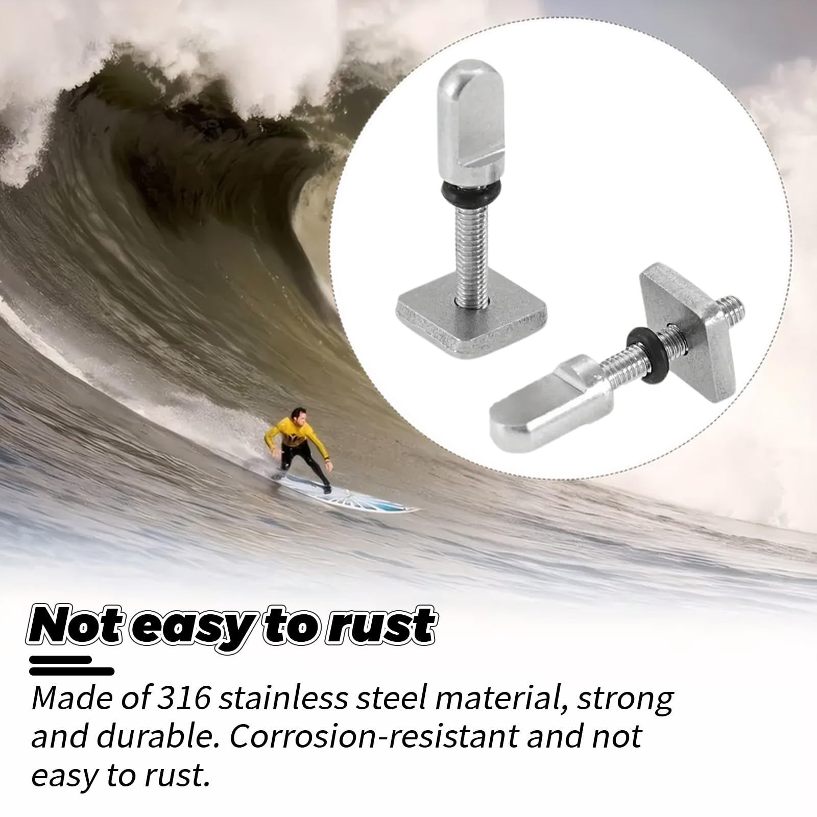 MAEXUS 4 tornillos de aleta para tabla de surf de acero inoxidable 316, M4, tornillos para tabla de surf con anillo de silicona, tornillo de bloqueo de aletas, tornillos universales para tablas de