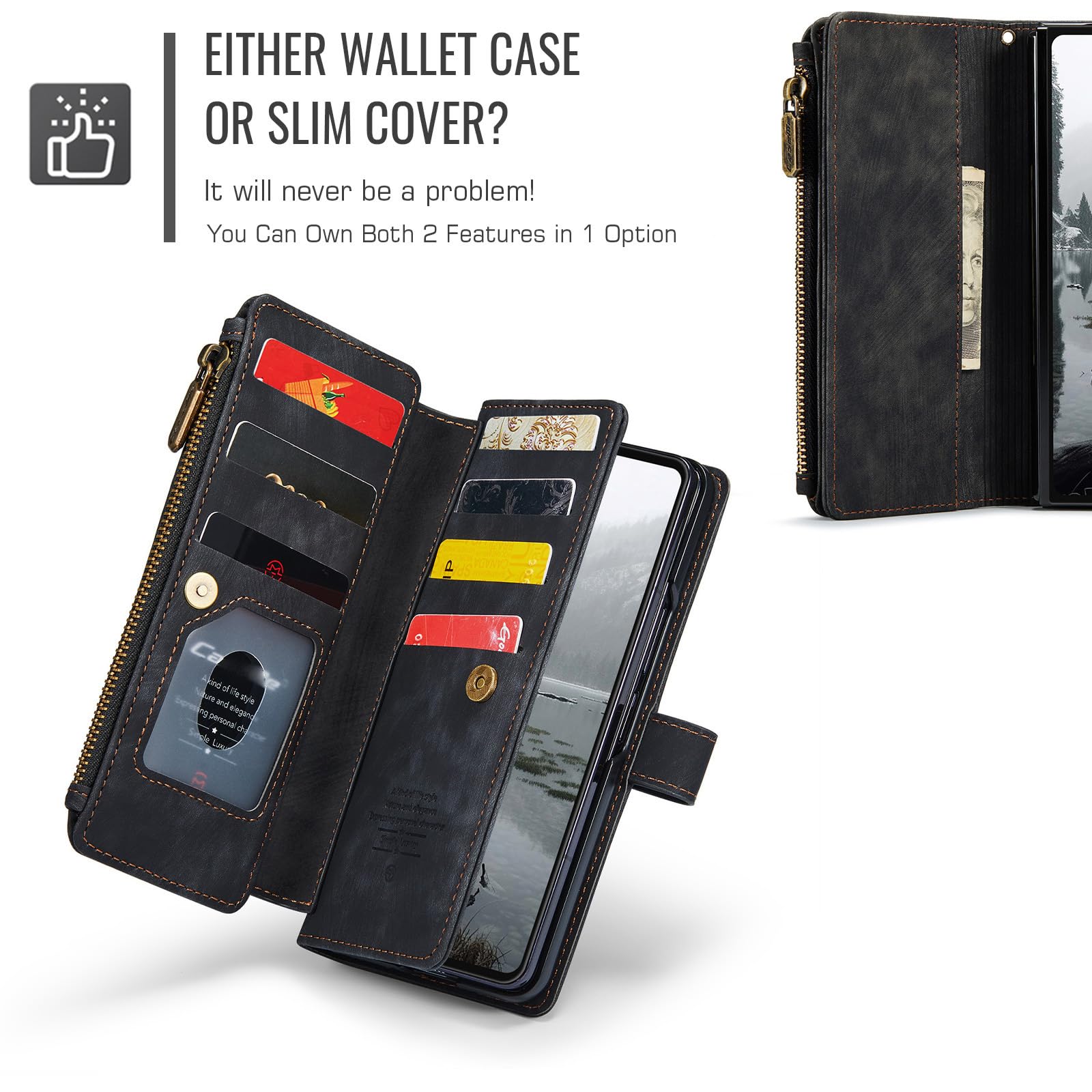 Etui z klapką do Samsung Galaxy Z Fold 8 Ultra, portfel na zamek błyskawiczny duża pojemność vintage matowe etui pasek na nadgarstek ochrona przed upadkiem miękka wewnętrzna powłoka TPU (czarna)
