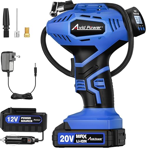 AVID POWER Inflador de neumáticos inalámbrico, compresor de aire portátil, bomba de neumáticos de coche recargable de 20 V con adaptador de 12 V CC,
